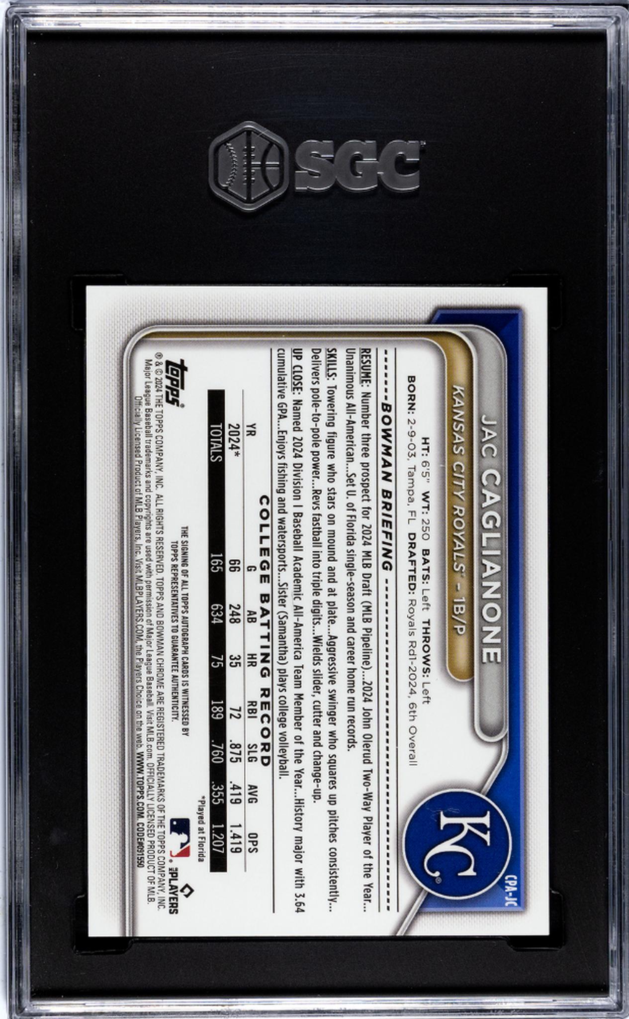 2024 Topps Bowman Draft Chrome Prospect Jac Caglianone #CPA-JC Auto SGC 9.5