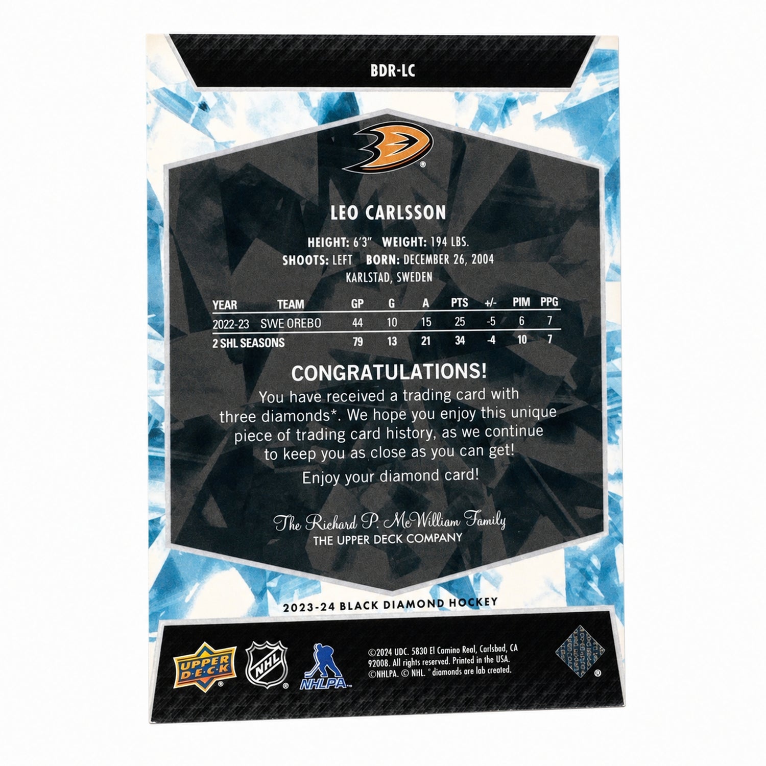 2023 Upper Deck Black Diamond Leo Carlsson Relic Rookies Ruby /49 RC