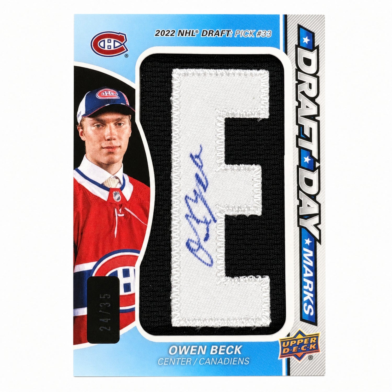 2023 Upper Deck SP Game Used Owen Beck #DDM-OB Draft Day Marks /35 Auto