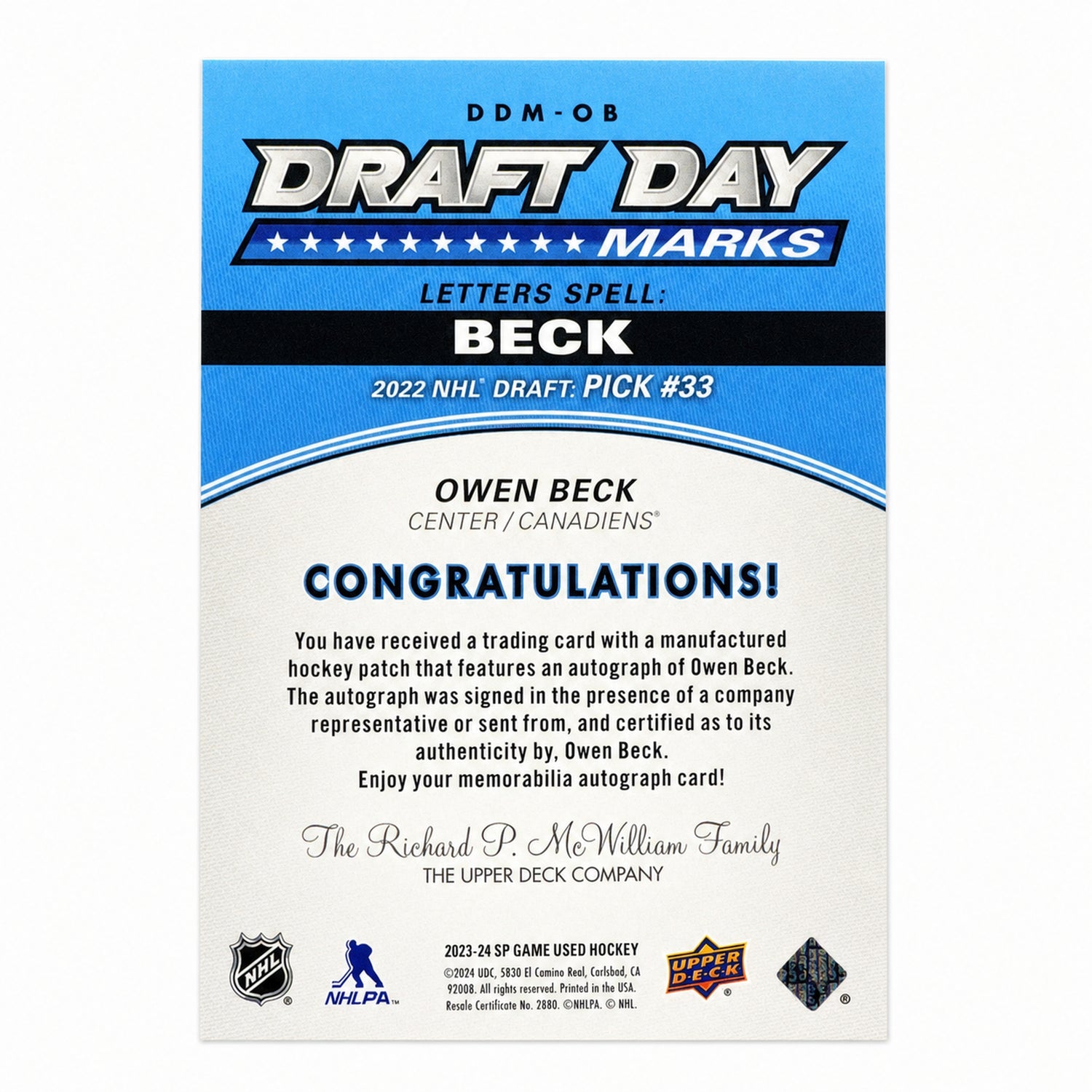 2023 Upper Deck SP Game Used Owen Beck #DDM-OB Draft Day Marks /35 Auto