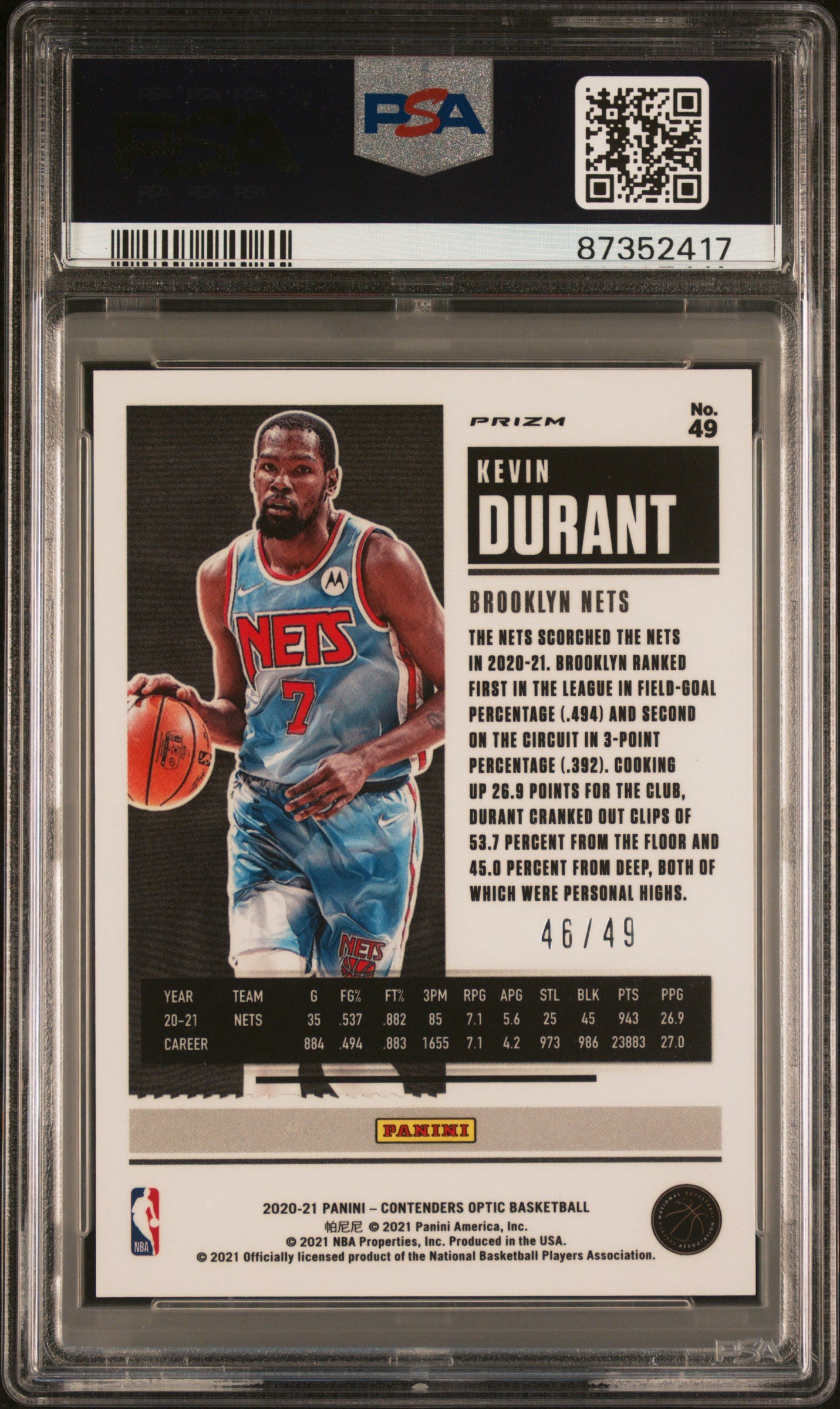 2020 Panini Contenders Optic #49 Kevin Durant Orange /49 PSA 9