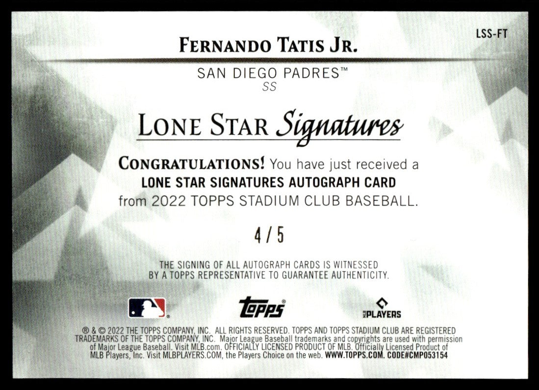 2022 Topps Stadium Club #LSS-FT Fernando Tatis Jr. Lone Star Signatures /5 Auto