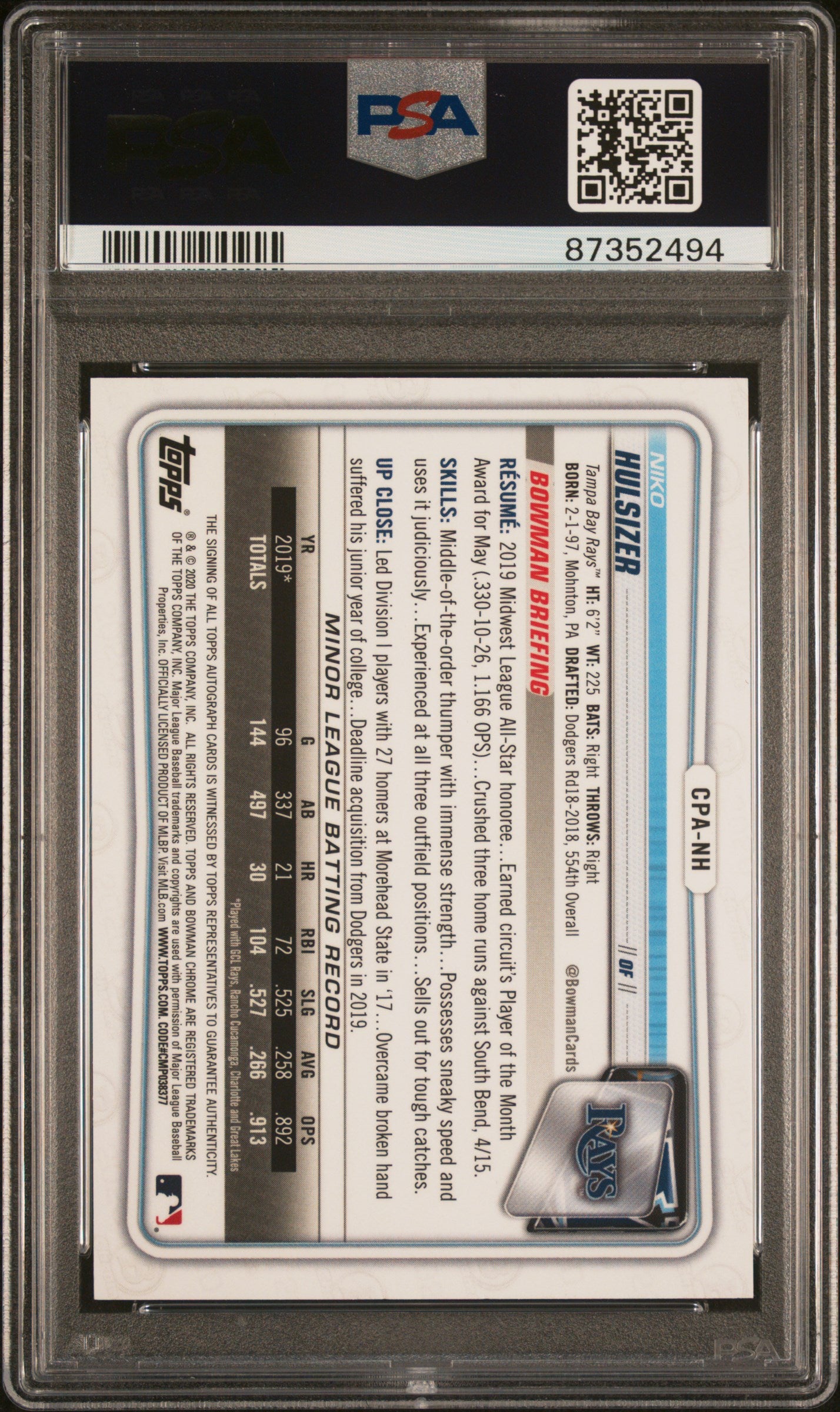 2020 Bowman Chrome #CPANH Niko Hulsizer Prospect Autograph Gold Shimmer Refractor /50 PSA 9