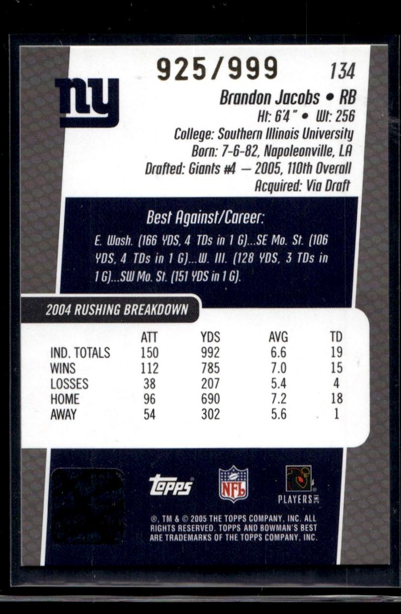 2005 Bowman's Best Rookie Auto /999 #134 Brandon Jacobs