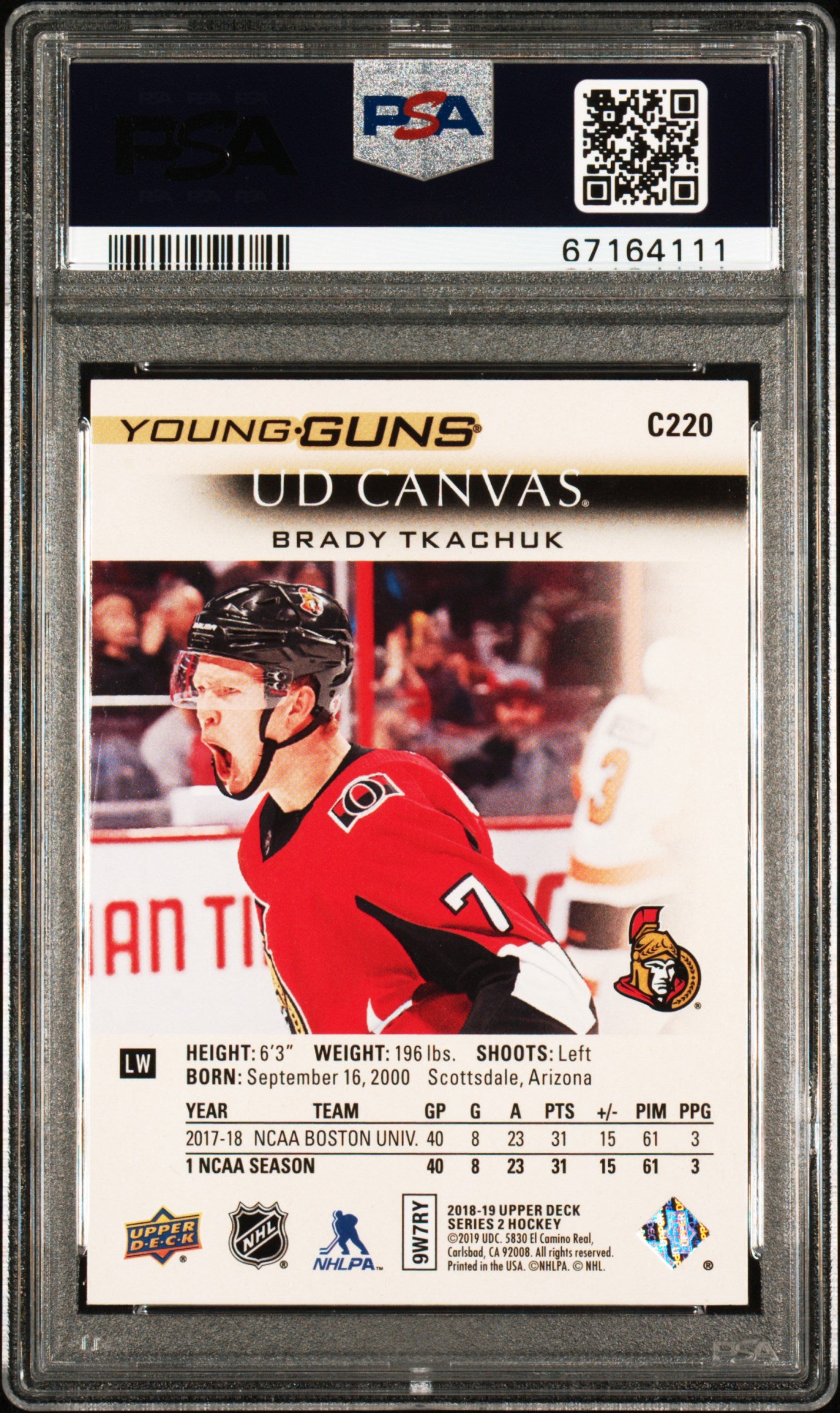 2018 Upper Deck Series 2 UD Canvas Young Guns Brady Tkachuk #C220 RC PSA 9
