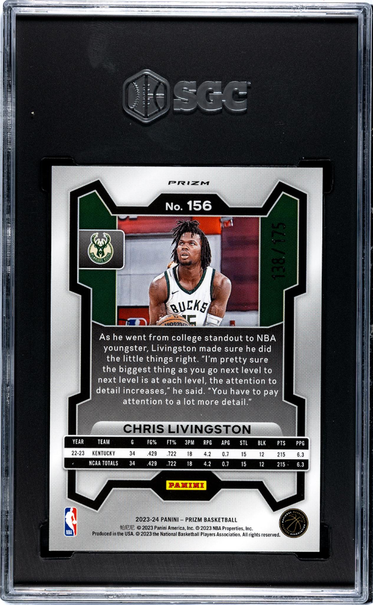 2023 Panini Prizm #156 Chris Livingston White Rookie /175 SGC 9.5