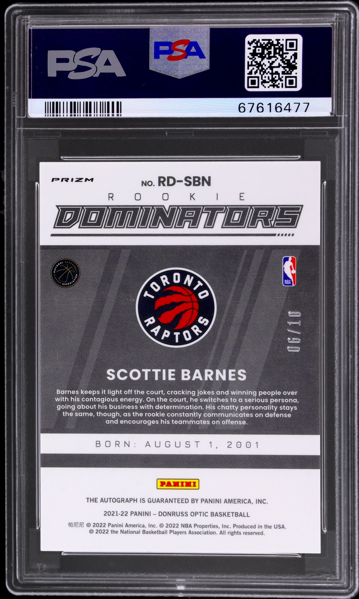 2021 Panini Donruss Optic Rookie Dominators Signatures Gold Scottie Barnes #RDSBN /6 PSA 10