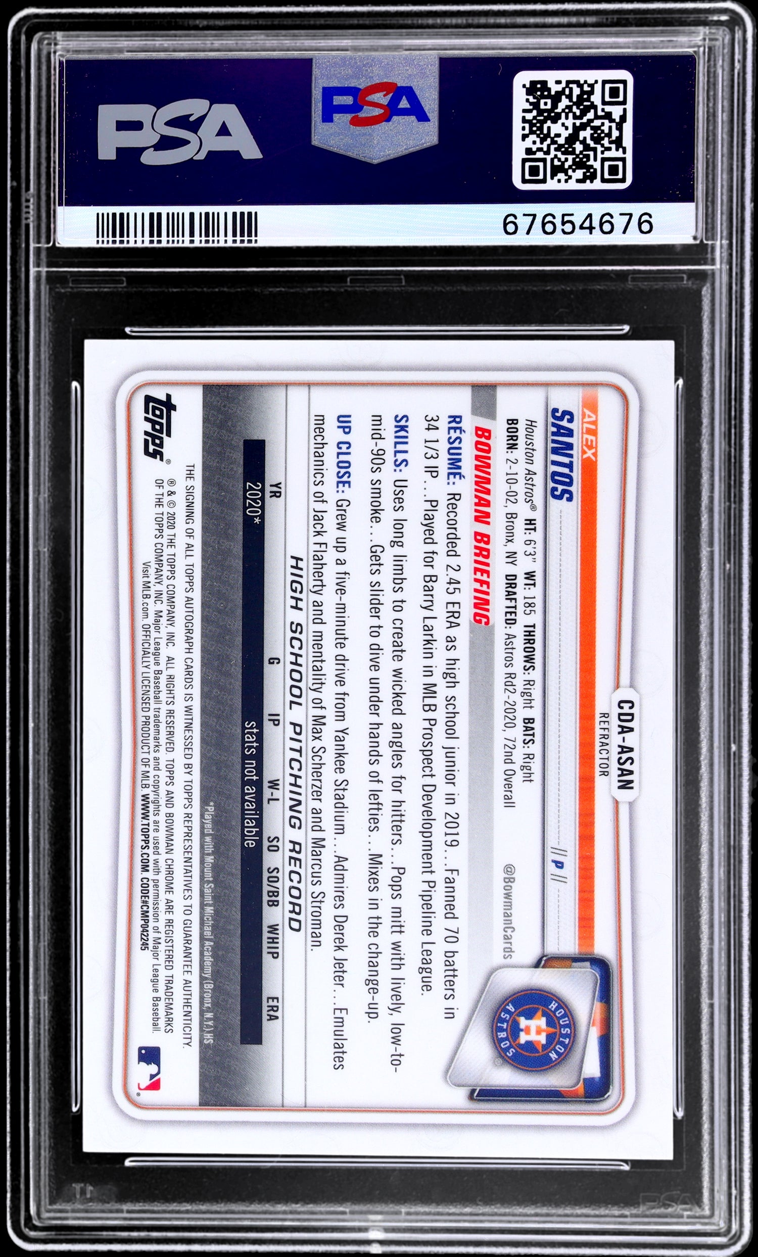 2020 Bowman Draft Chrome Alex Santos #CDAASAN /499 PSA 10 Auto Refractor