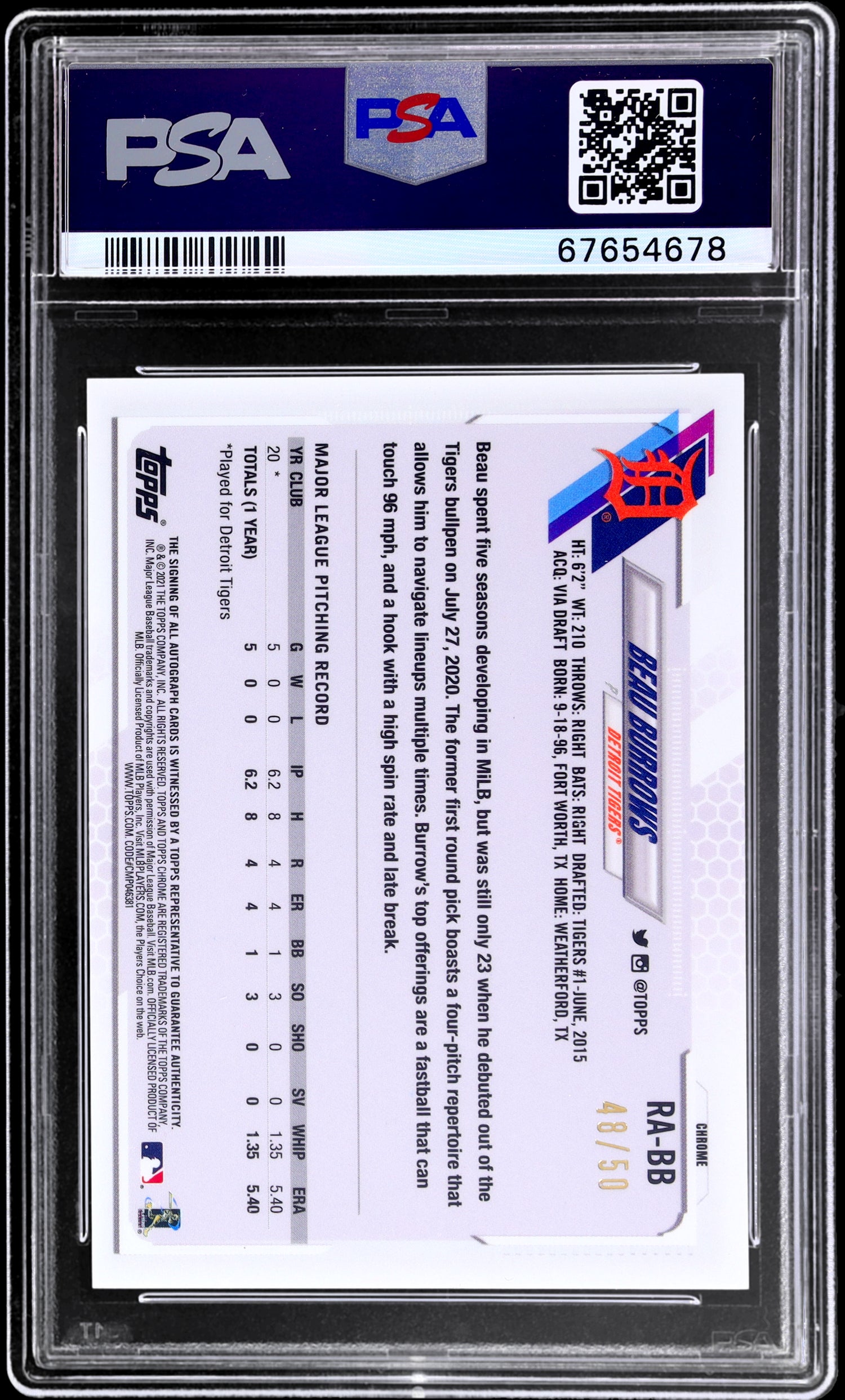 2021 Topps Chrome Gold Ref Beau Burrows #RA-BB /50 PSA 10 RC Auto