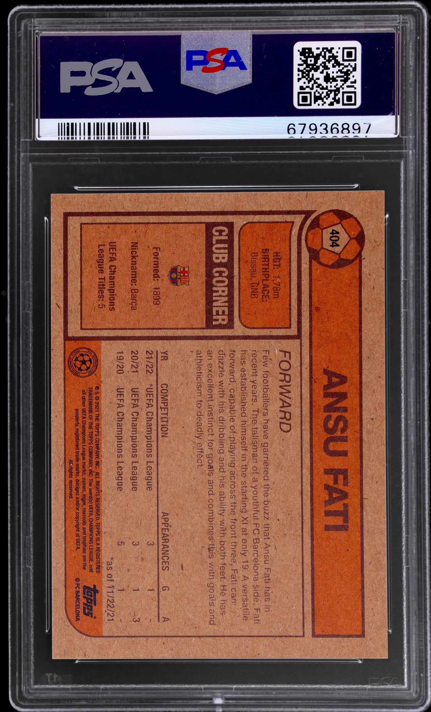 2021 Topps Living UCL Ansu Fati #404 PSA 9