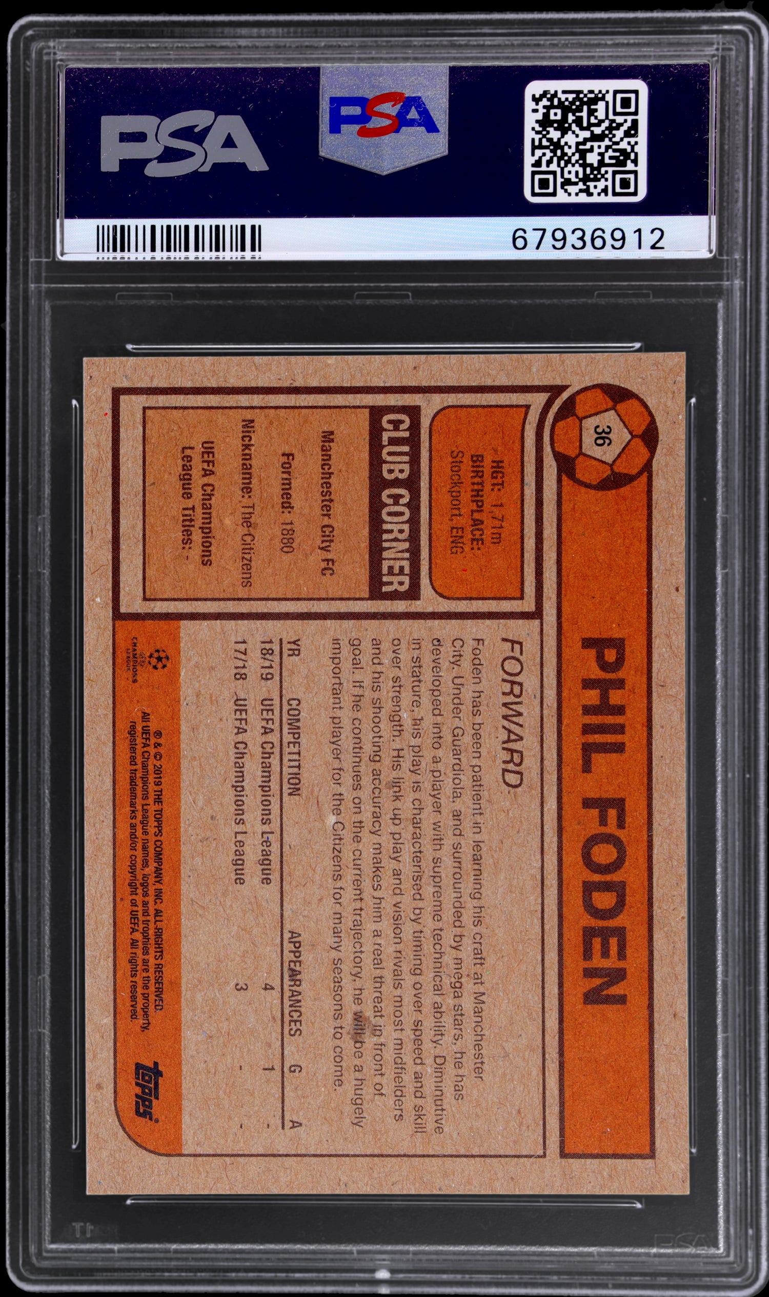 2019 Topps Living UCL Phil Foden #36 PSA 10