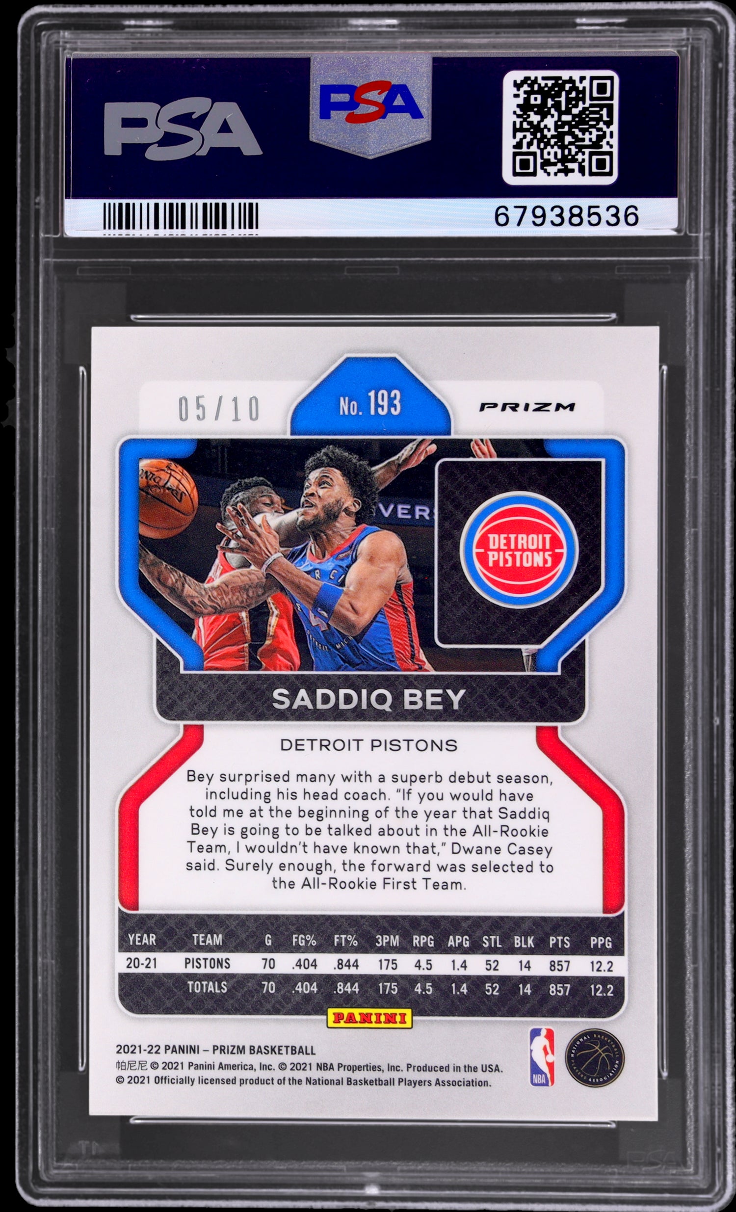 2021 Panini Prizm Gold Prizm Saddiq Bey #193 5/10 PSA 9
