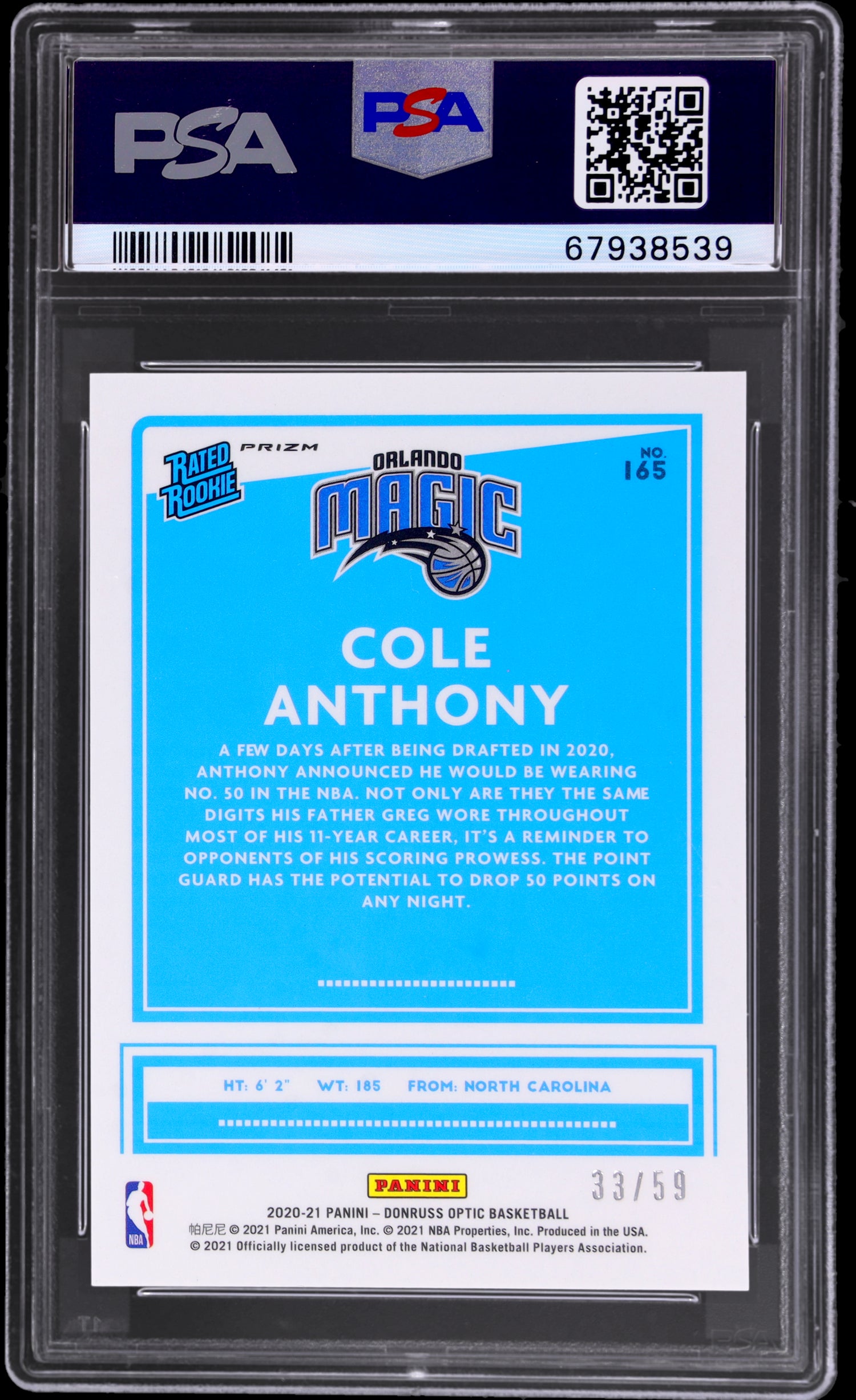 2020 Panini Donruss Optic Rated Rookie Cole Anthony #165 /59 PSA 9 Blue
