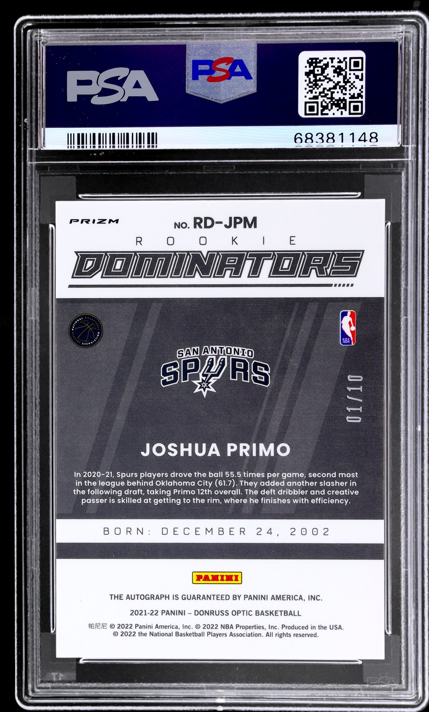 2021 Donruss Optic Dominators Joshua Primo #RDJPM /10 PSA 9 RC Auto