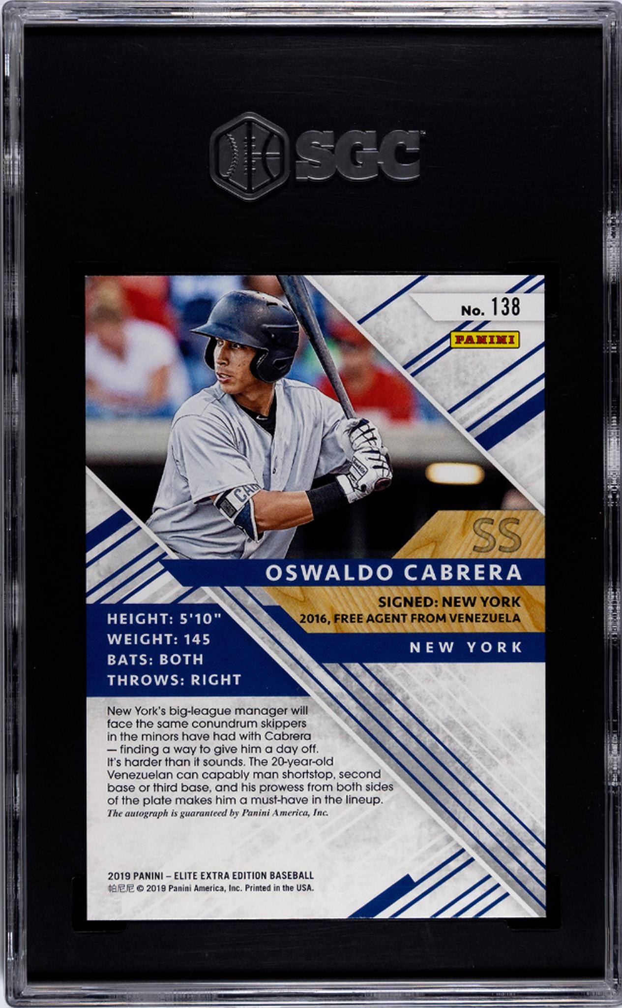 2019 Panini Elite Extra Edition Oswaldo Cabrera #138 Auto SGC 9.5 Auto 10
