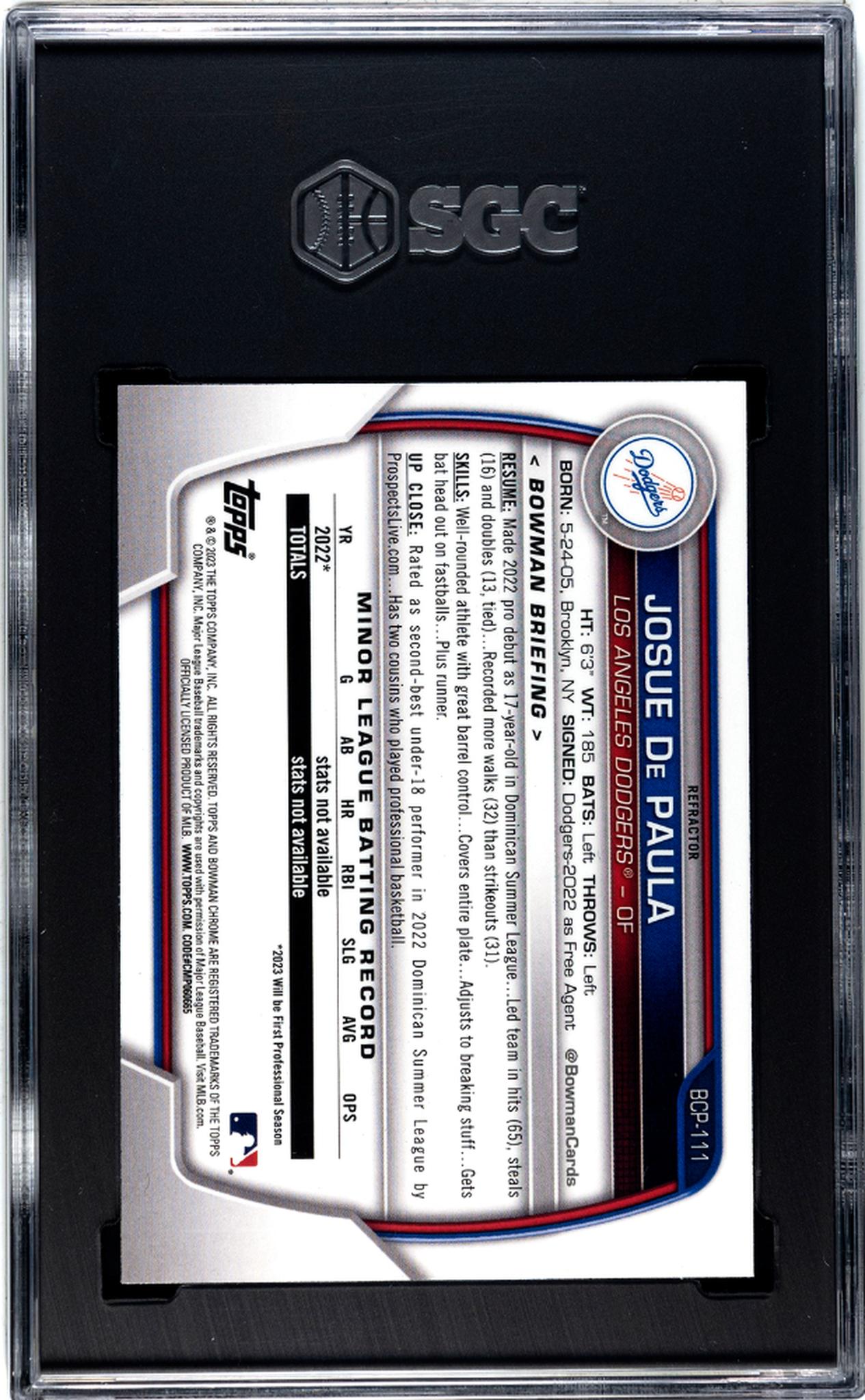 2023 Bowman Chrome Prospects Lunar Glow Refractor Josue De Paula #BCP-111 SGC 10