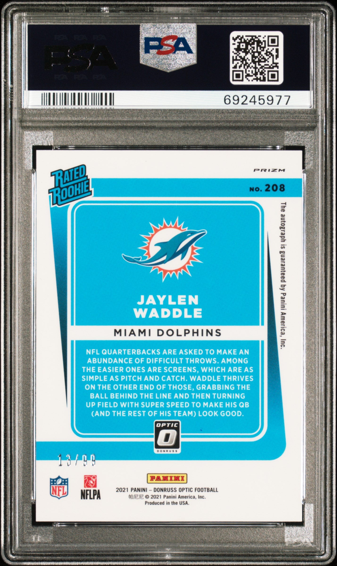 2021 Donruss Optic #208 Jaylen Waddle Rated Rookie /99 PSA 10