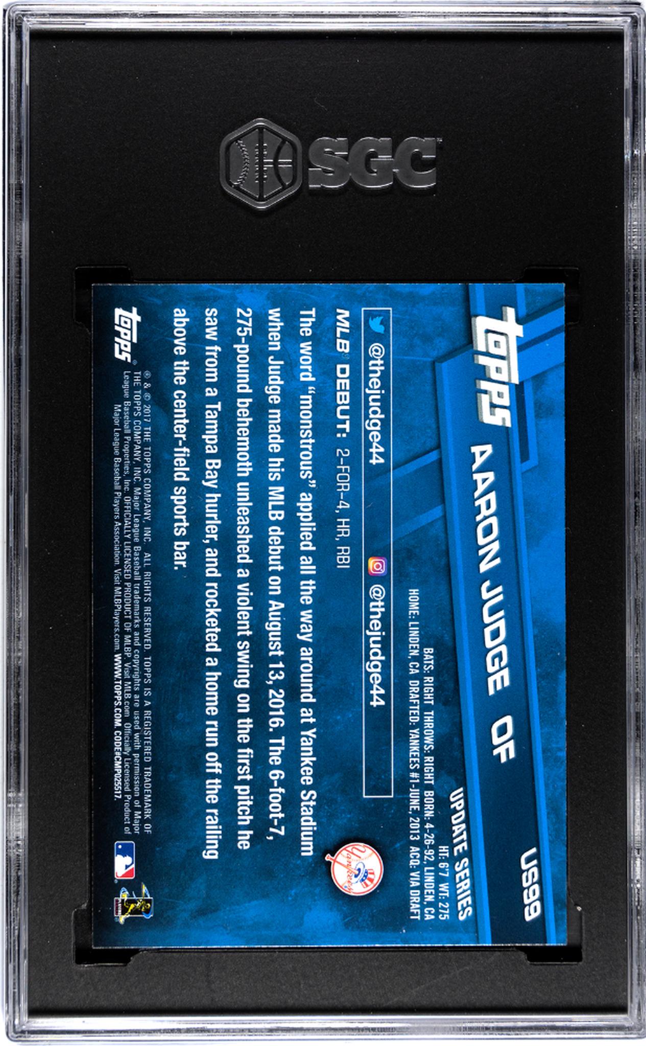 2017 Topps Update #US99 Aaron Judge Rookie Debut SGC 10