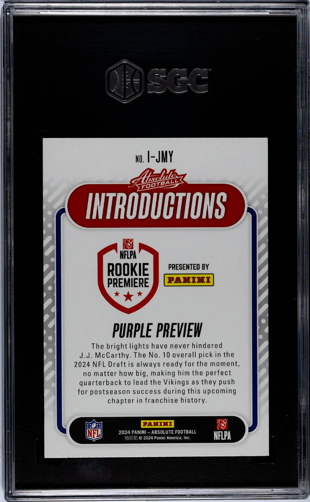 2024 Panini Absolute Introductions Purple Preview JJ McCarthy #I-JMY SGC 10