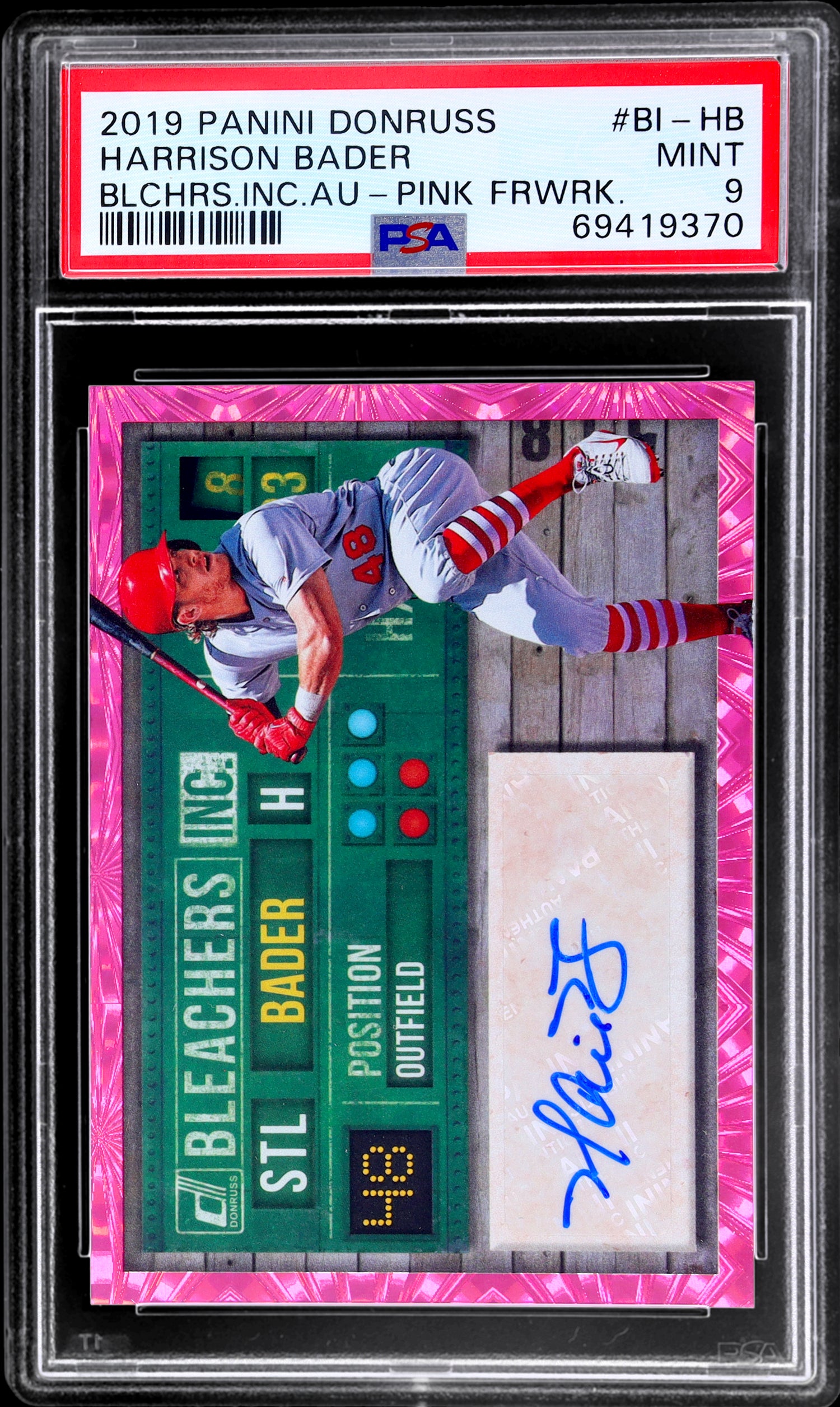2019 Panini Donruss Bleachers Inc Harrison Bader #BI-HB PSA 9 Auto