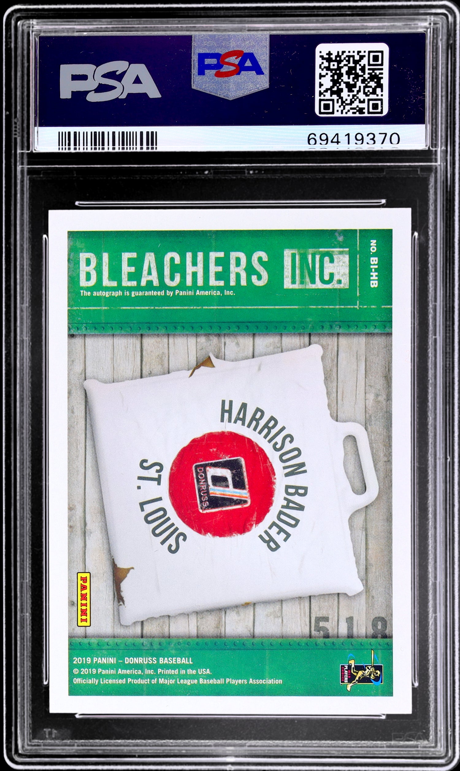 2019 Panini Donruss Bleachers Inc Harrison Bader #BI-HB PSA 9 Auto