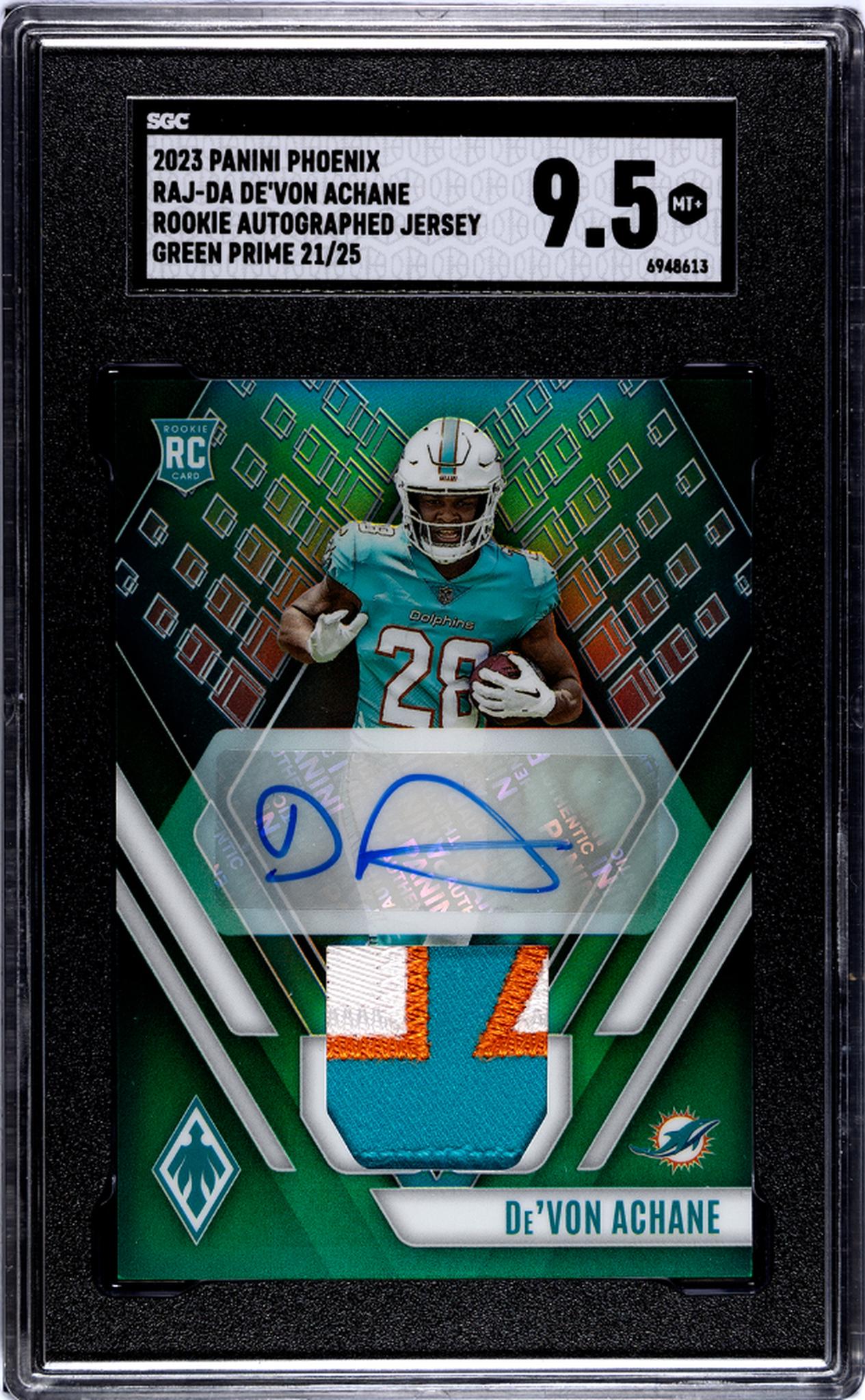 2023 Panini Phoenix Green Prime De'Von Achane #RAJ-DA RC Patch Auto /25 SGC 9.5