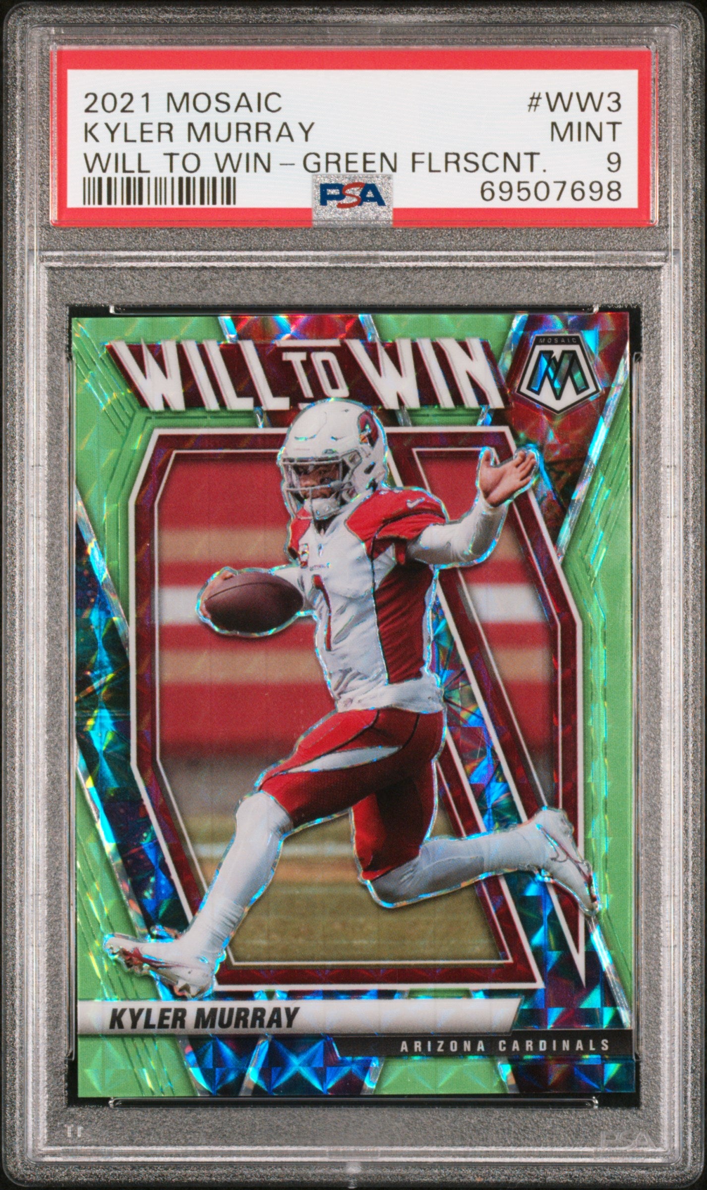 2021 Panini Mosaic Will To Win Green Fluorescent Kyler Murray #WW3 /20 PSA 9