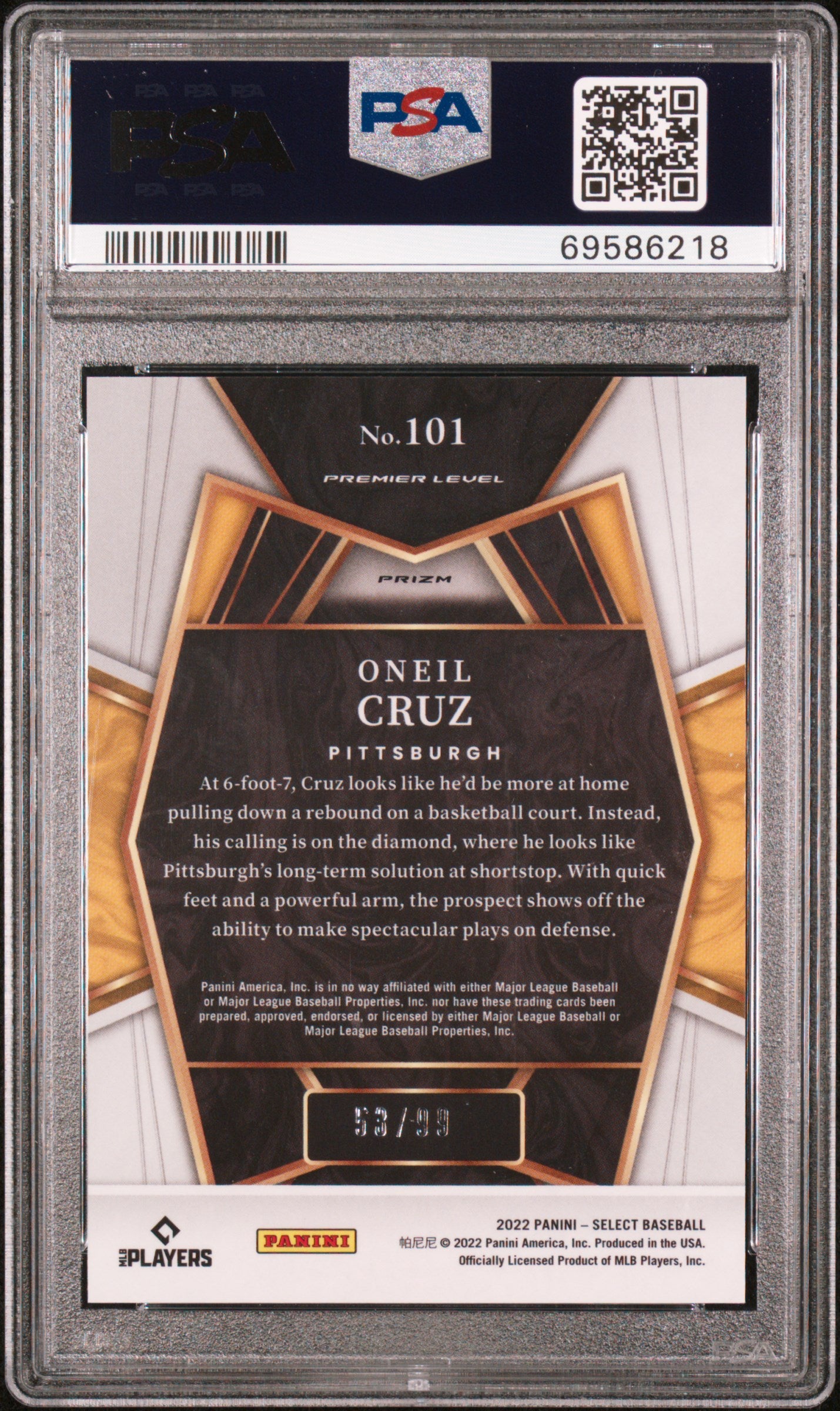 2022 Select #101 Oneil Cruz Premier Level /99 PSA 9