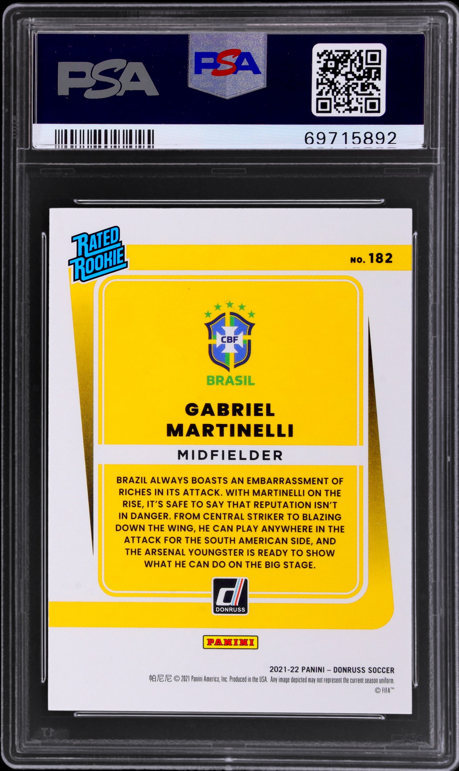 2021/22 Donruss RD/Qatar Gabriel Martinelli #182 RC PSA 10
