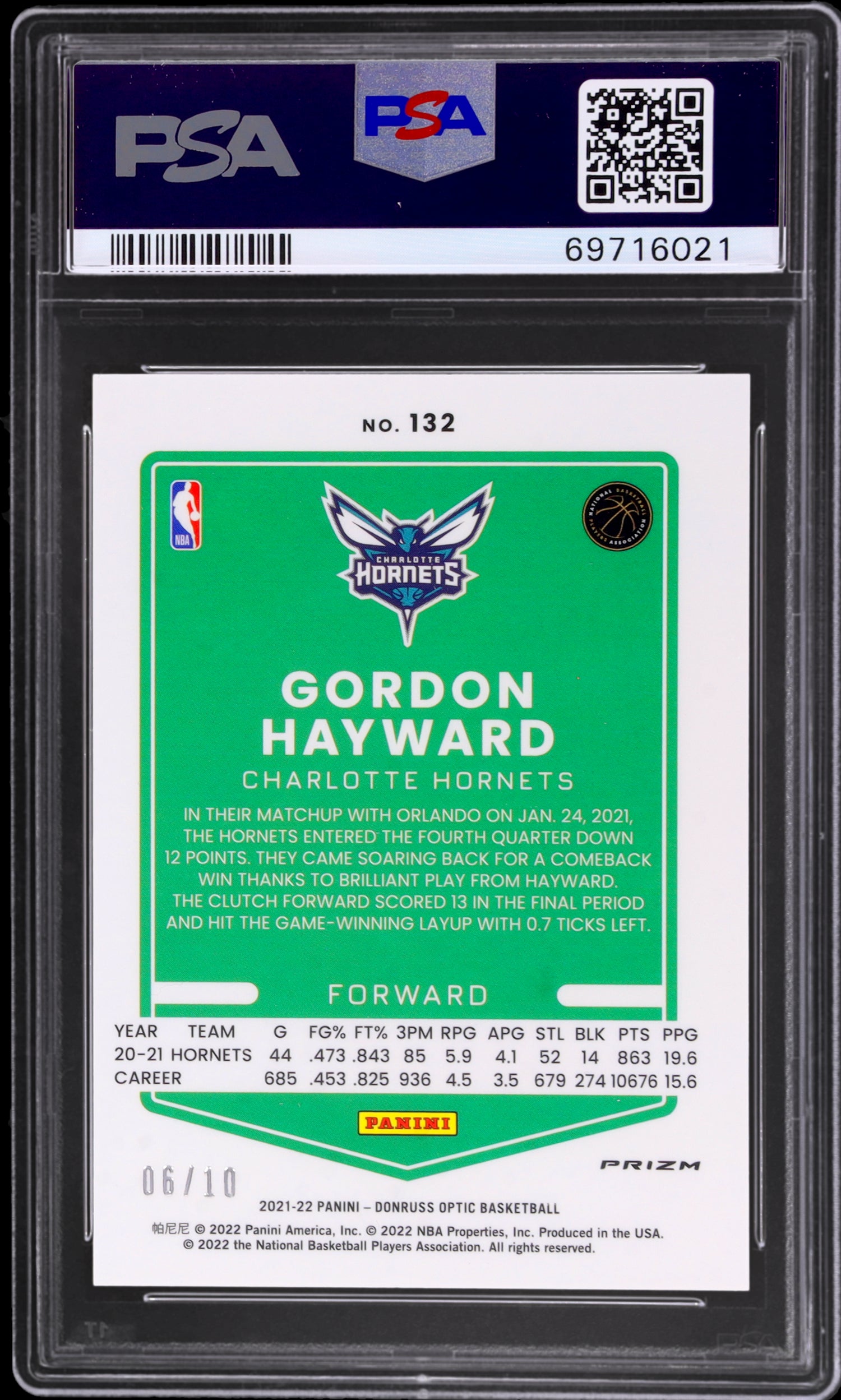 2021 Panini Donruss Optic Fast Break Gold Gordon Hayward #132 Prizm /10 PSA 10