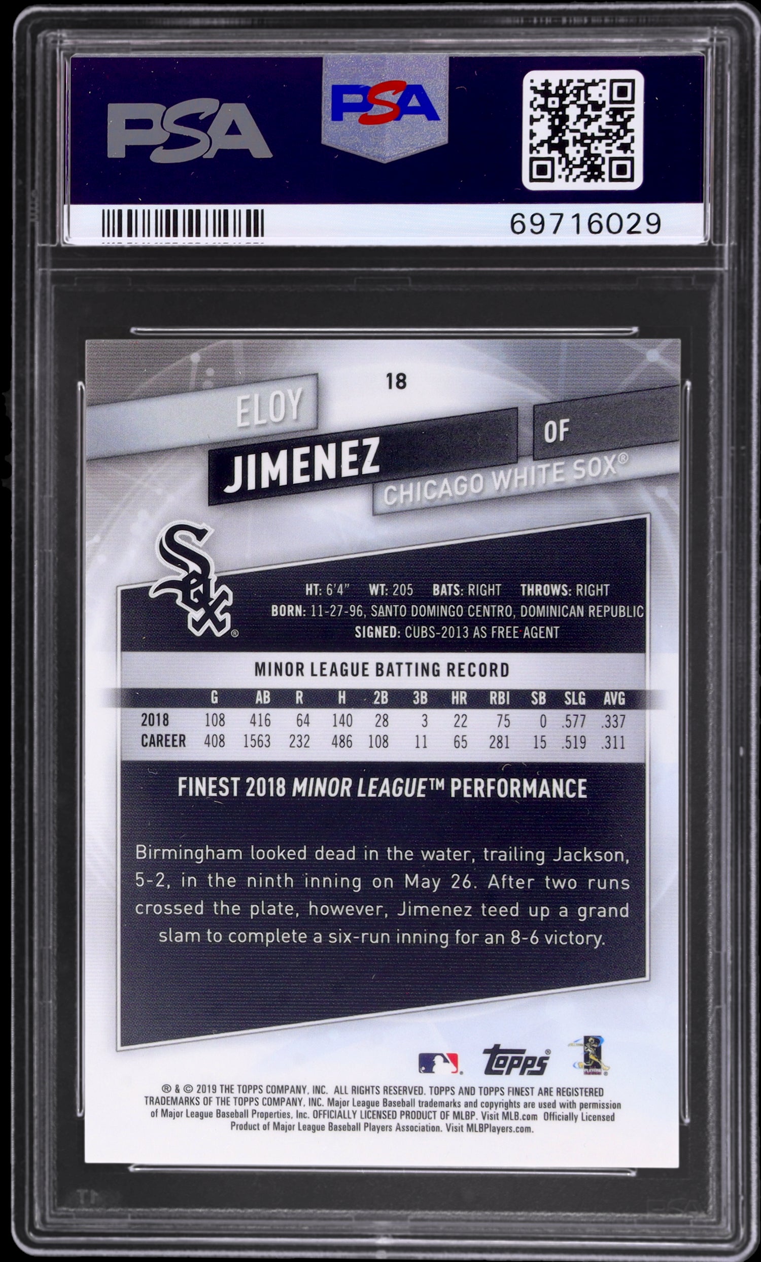 2019 Topps Finest Orange Refractor Eloy Jimenez #18 /25 PSA 10 RC