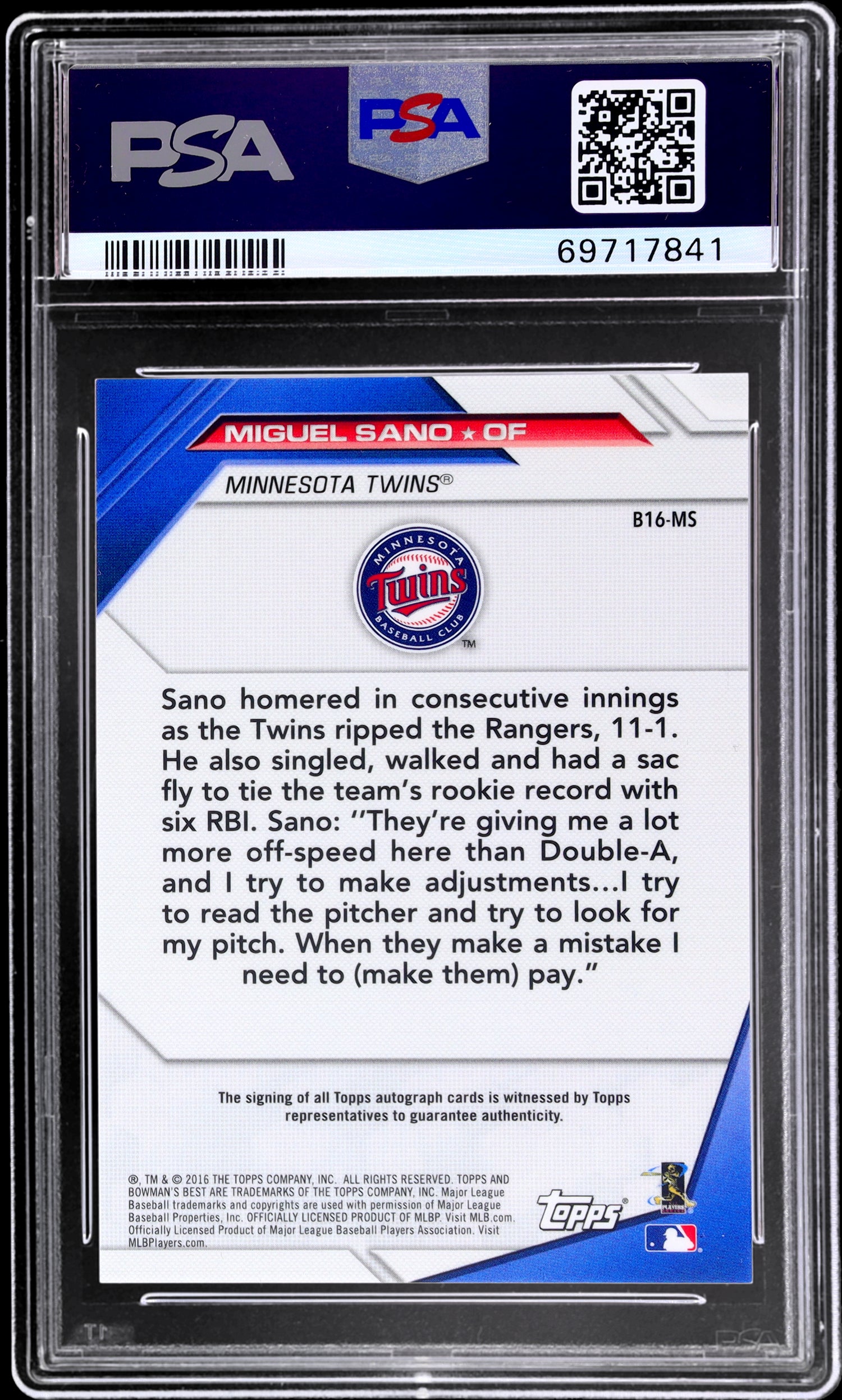 2016 Bowman's Best Miguel Sano #B16MS /50 PSA 10 RC Auto Orng. Refractor