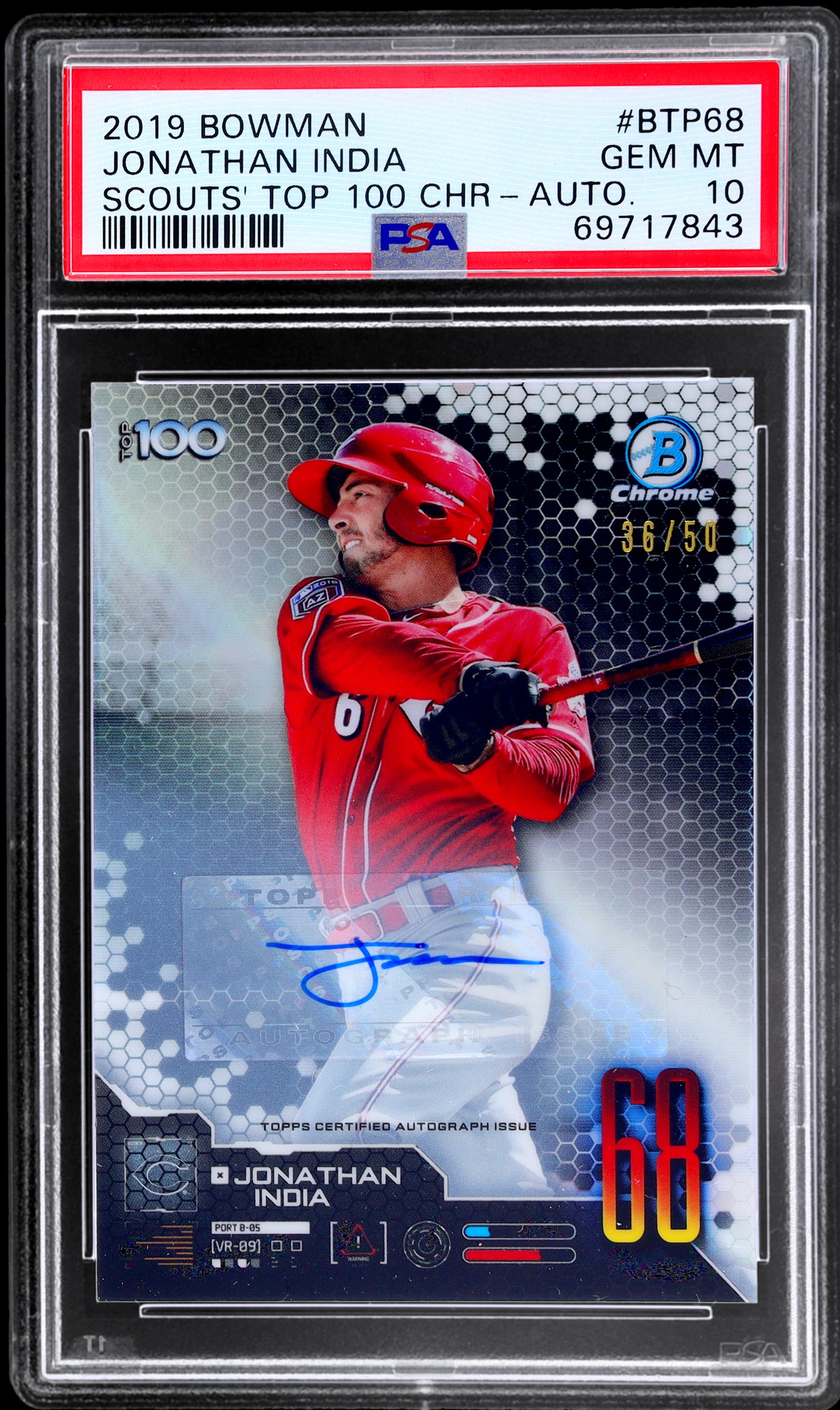 2019 Bowman Chrome Scouts Top 100 Jonathan India #BTP68 /50 PSA 10 Auto