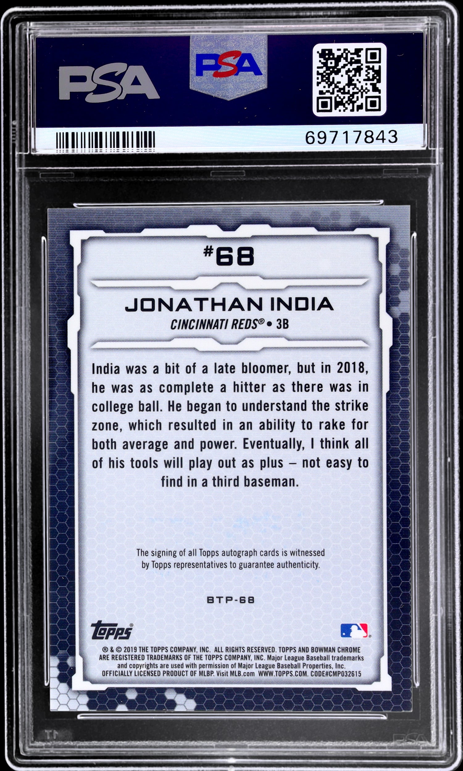 2019 Bowman Chrome Scouts Top 100 Jonathan India #BTP68 /50 PSA 10 Auto