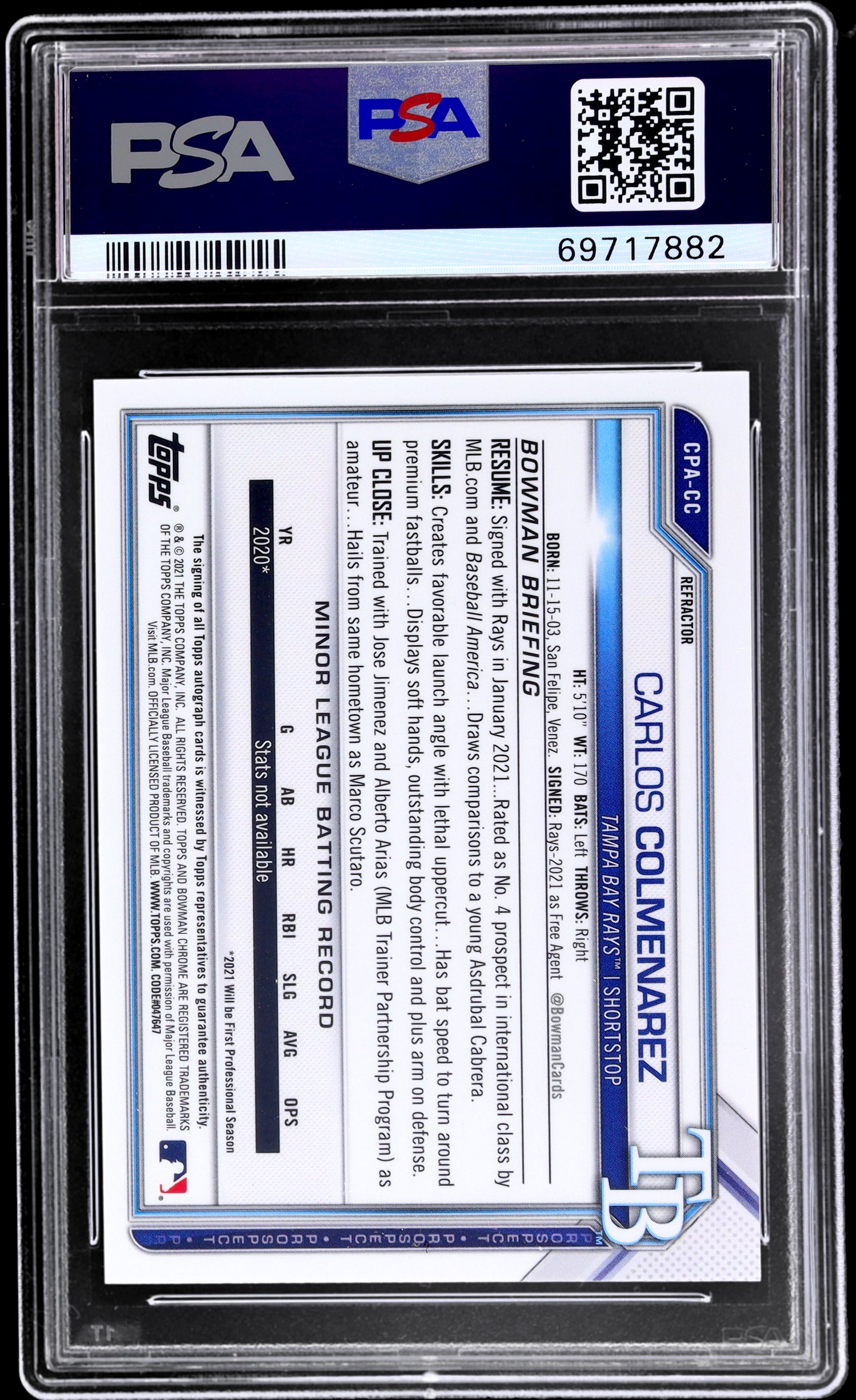 2021 Bowman Chrome Carlos Colmenarez #CPA-CC /499 PSA 10 RC Auto Refractor