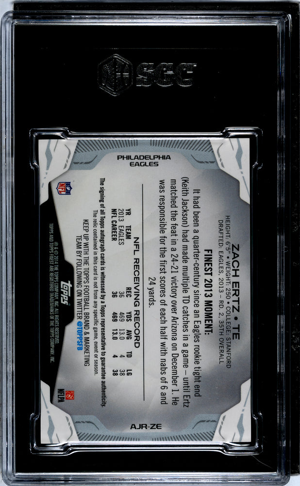 2013 Topps Finest Zach Ertz #AJR-ZE RC Jumbo Patch Auto SGC 9 Auto 10