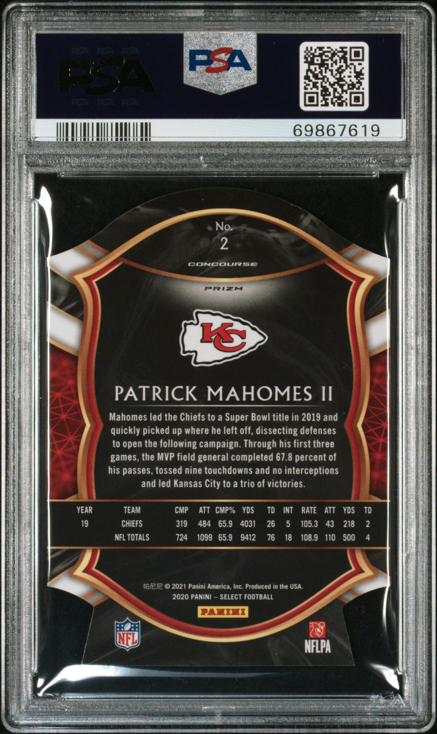 2020 Panini Select Purple Prizm Die-Cut Patrick Mahomes II #2 Concourse PSA 9