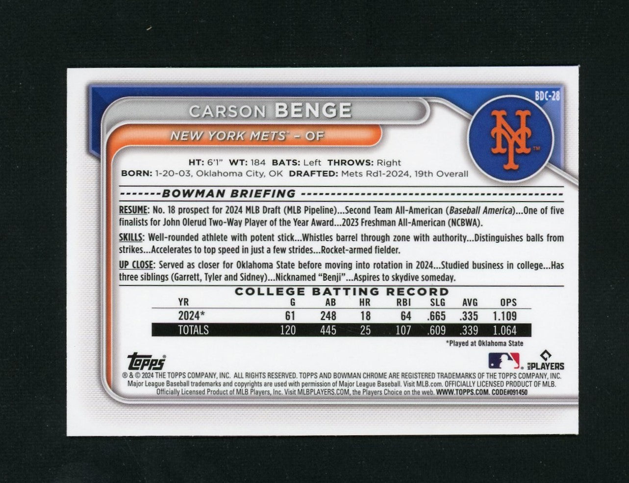 2024 Bowman Chrome Carson Benge 1st Lunar Glow Refractor Rookie RC SP