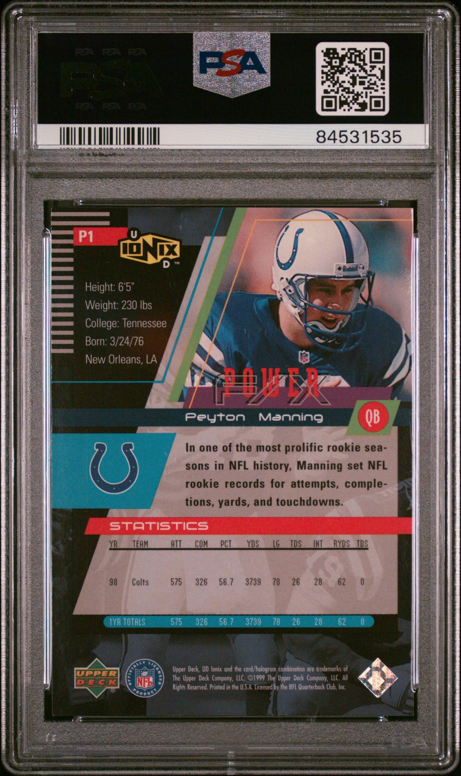 1999 U.D. Ionix Power F/X #P1 Peyton Manning PSA 10