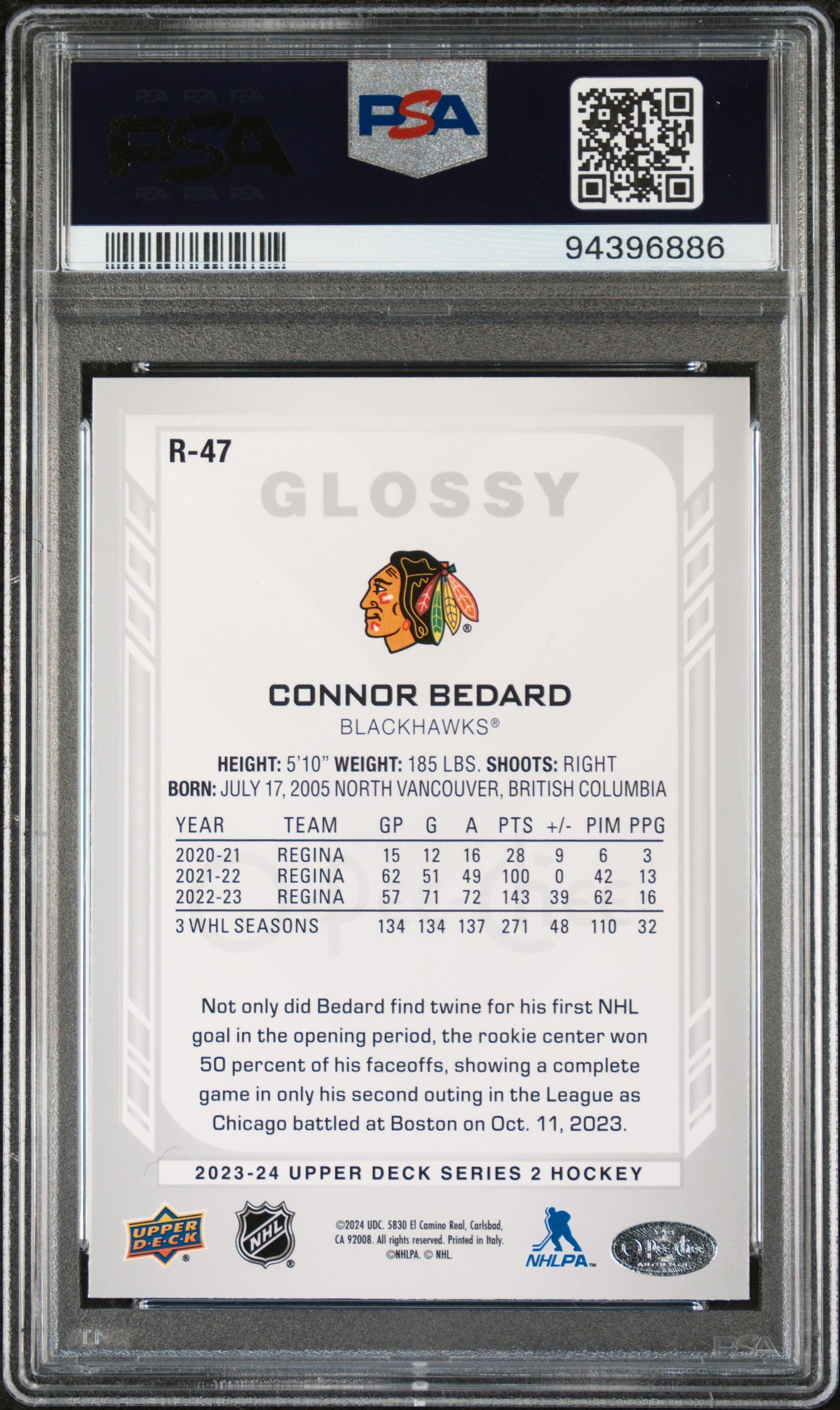 2023 Upper Deck Opc Glossy Connor Bedard #R47 PSA 10