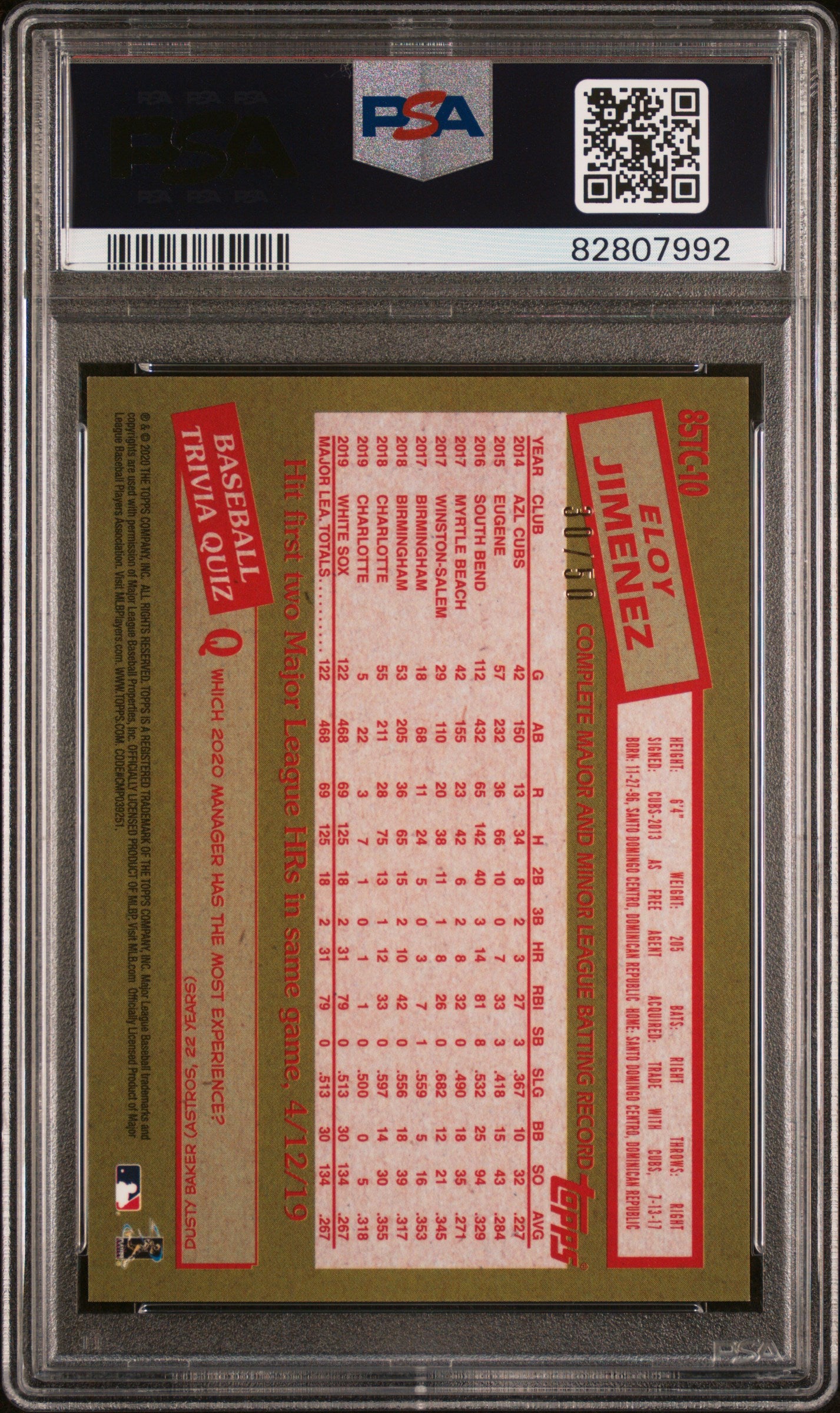 2020 Topps Silver Pack 1985 Chrome Promo #10 Eloy Jimenez Series 2-Gold Refractor PSA 10
