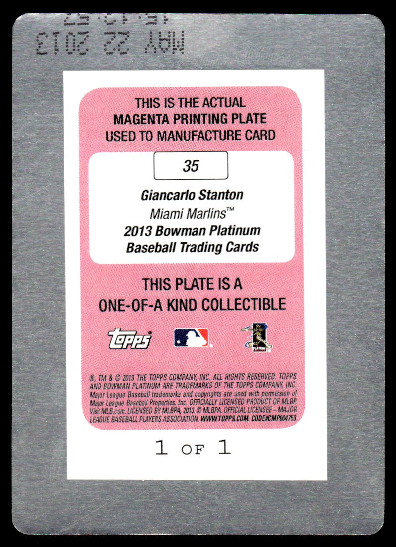 2013 Bowman Platinum 35 Giancarlo Stanton Magenta Printing Plate 1/1 Miami Marlins