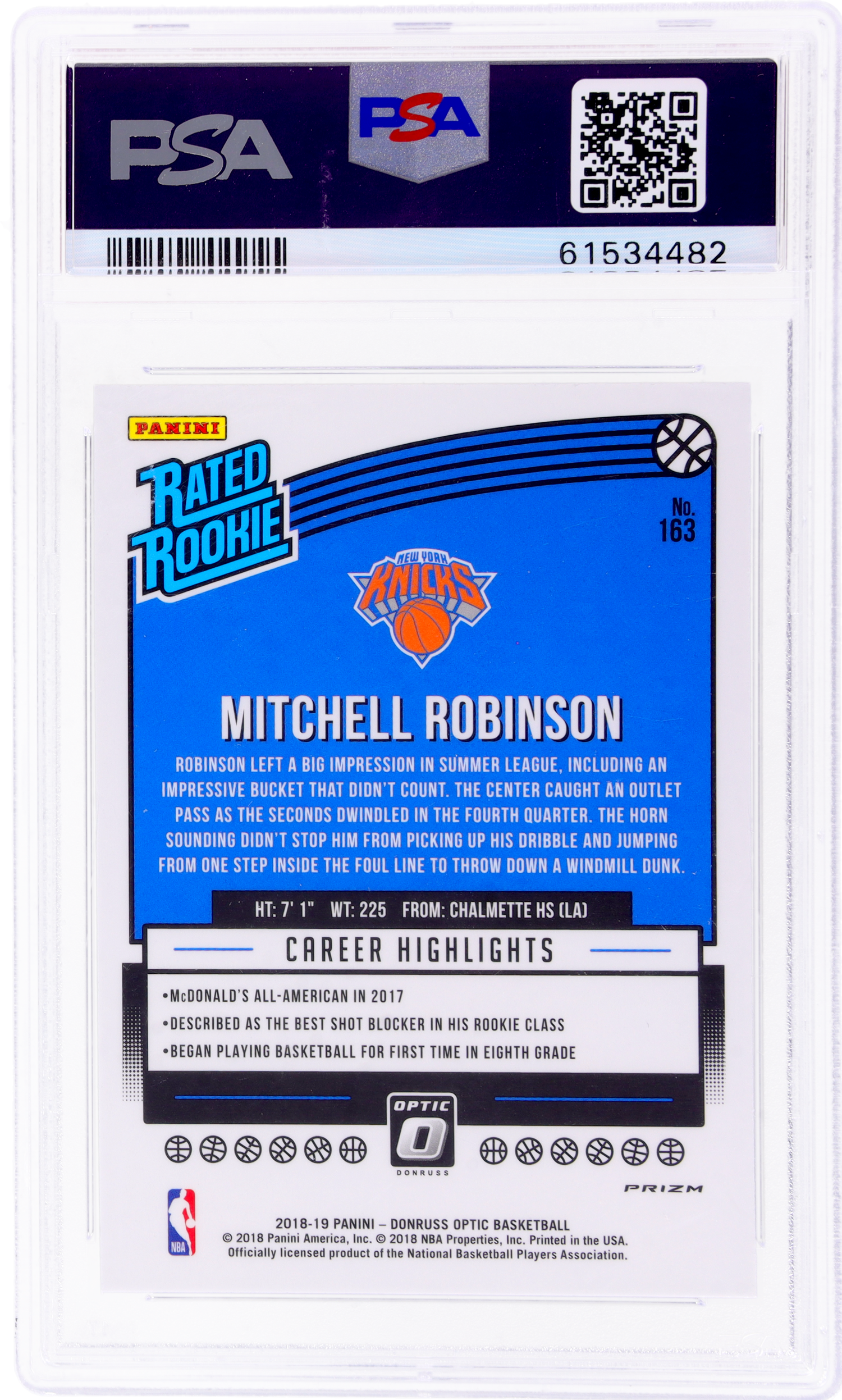 2018 Panini Donruss Optic #163 Mitchell Robinson Shock PSA 10