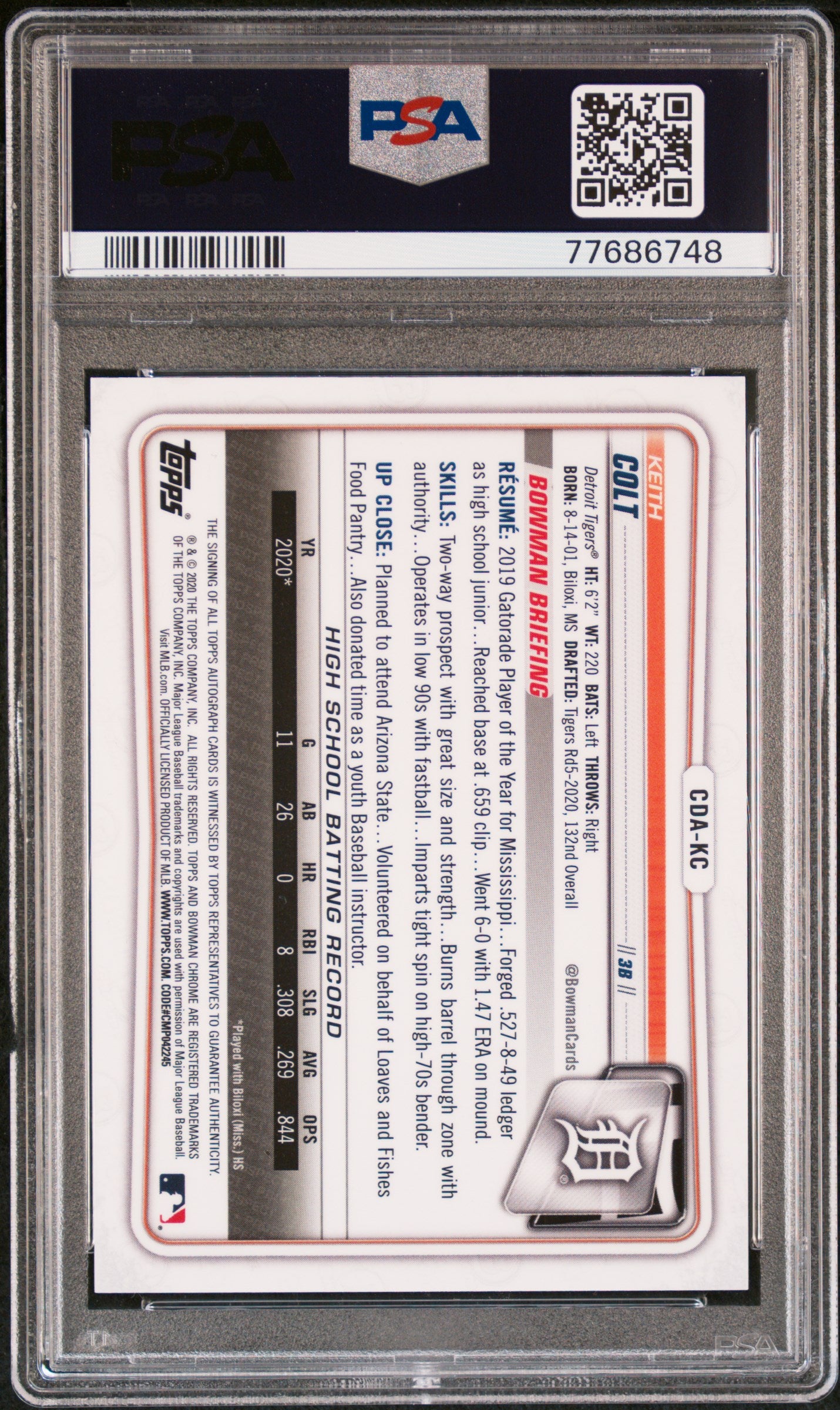 2020 Bowman Chrome Draft #CDAKC Keith Colt Autographs Sparkle Refractor /71 PSA 10
