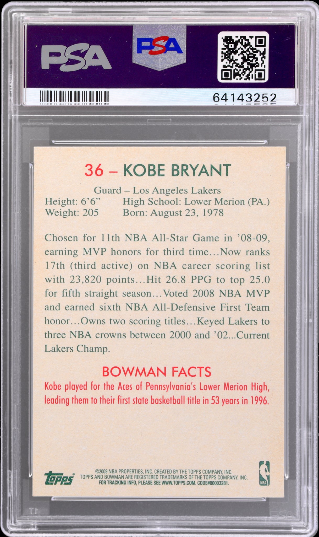 2009 Bowman 48 #36 Kobe Bryant PSA 9