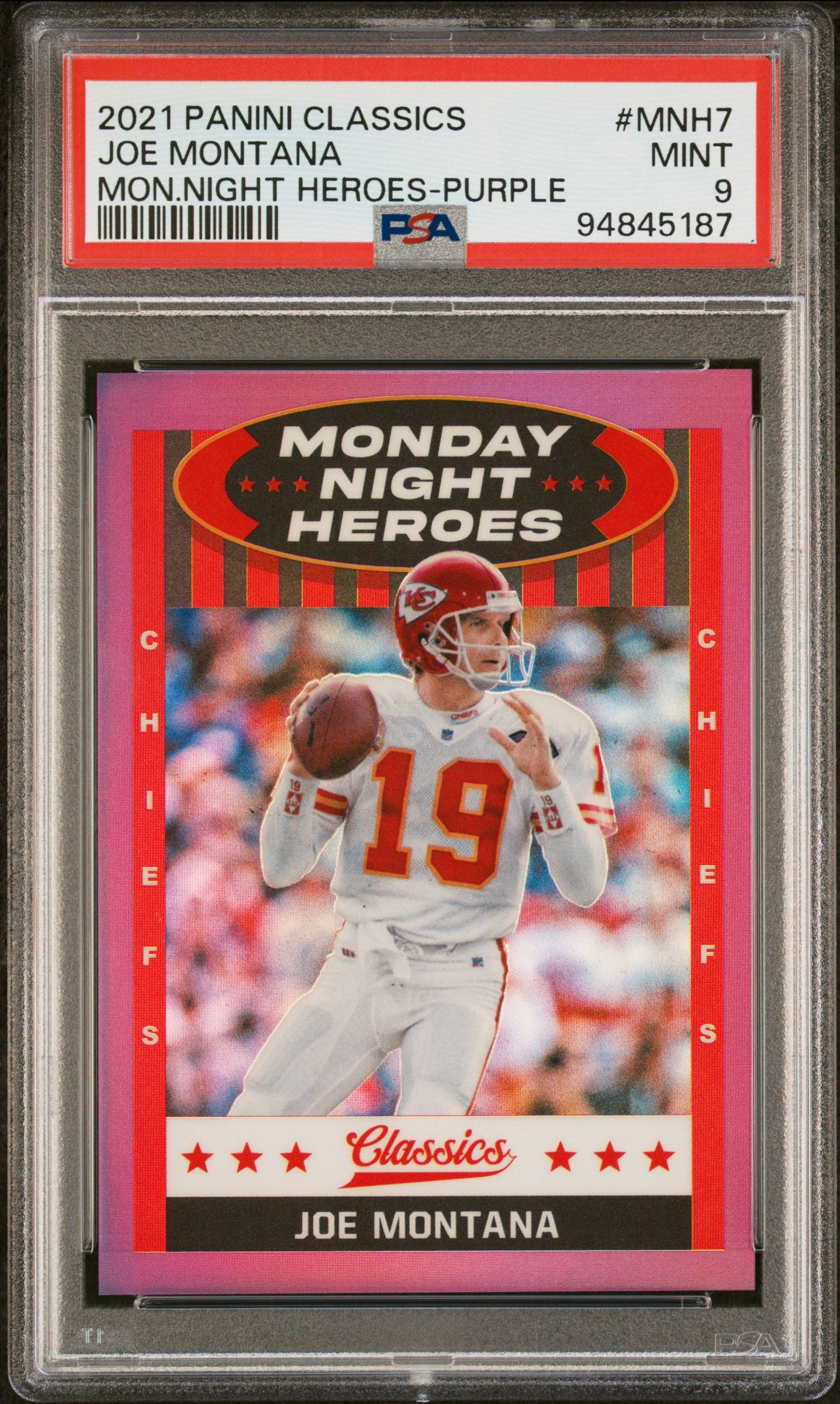 2021 Panini Classics Monday Night Heroes Purple Joe Montana /25 PSA 9