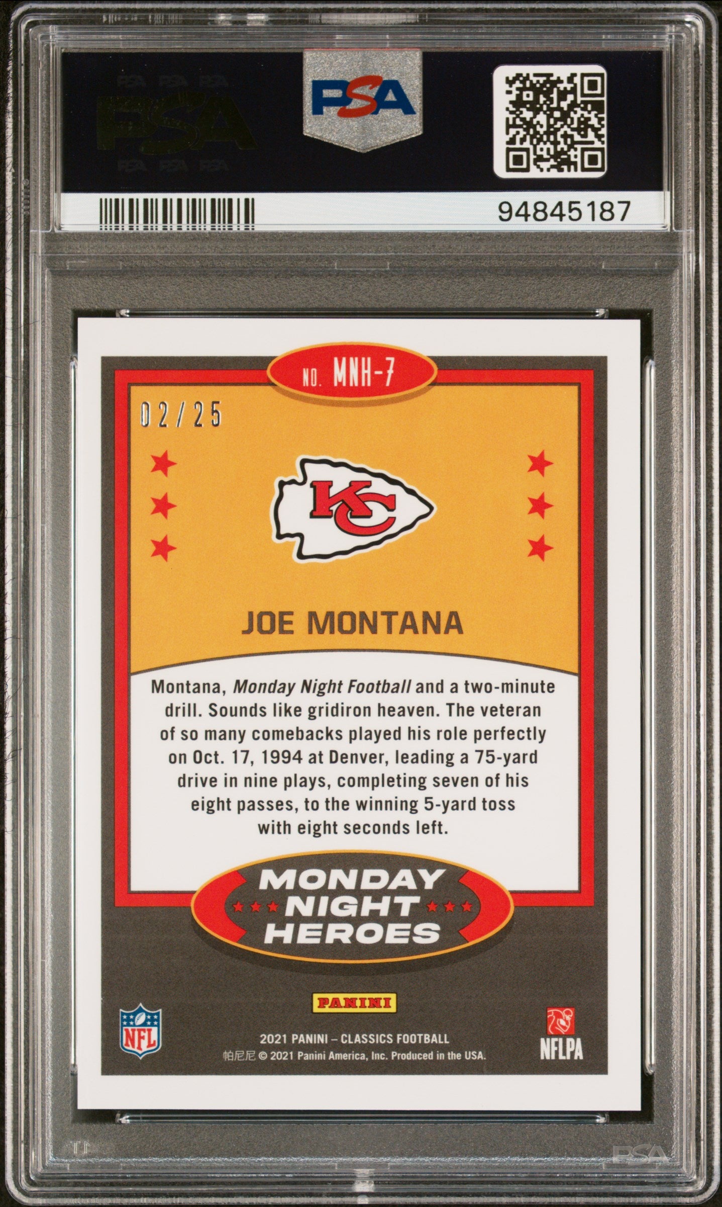 2021 Panini Classics Monday Night Heroes Purple Joe Montana /25 PSA 9