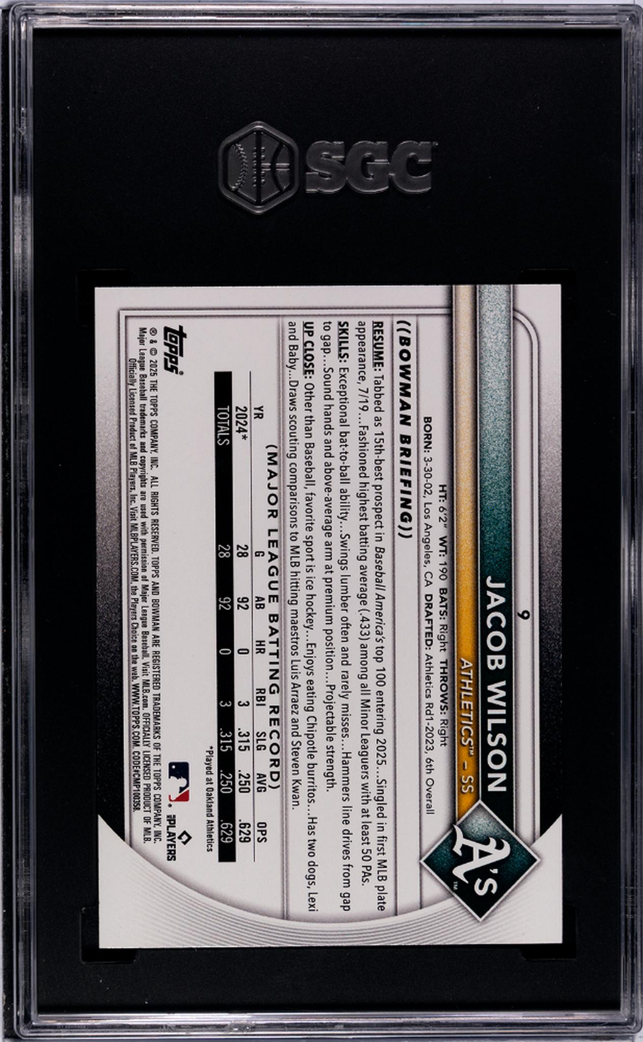 2025 Bowman #9 Jacob Wilson SGC 9.5