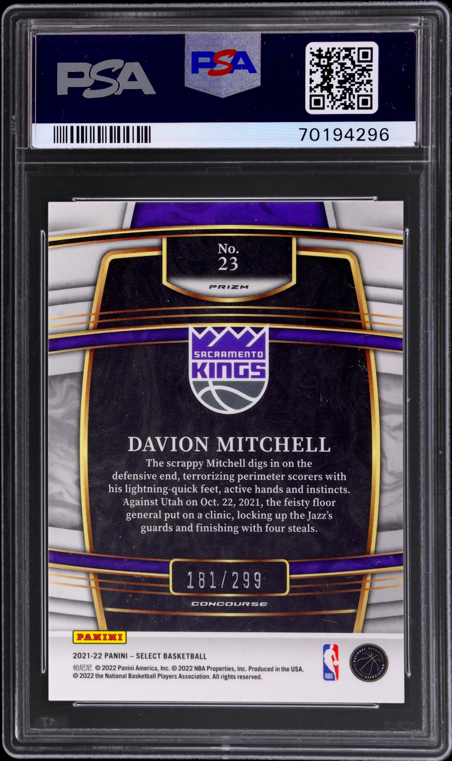 2021 Panini Select Light Blue Prizm Davion Mitchell #23 RC /299 PSA 10