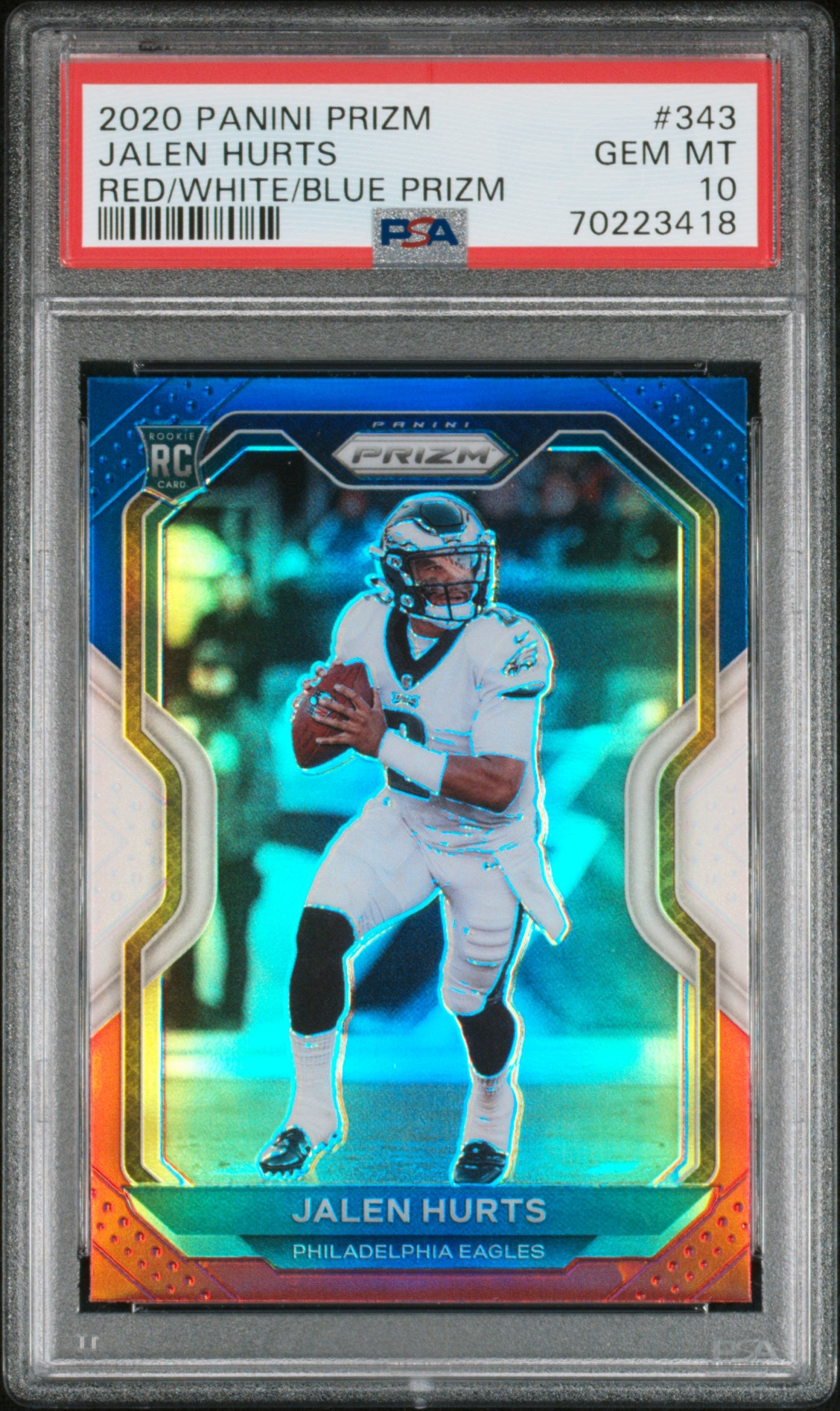 2020 Panini Prizm Red White Blue Prizm Jalen Hurts #343 RC PSA 10